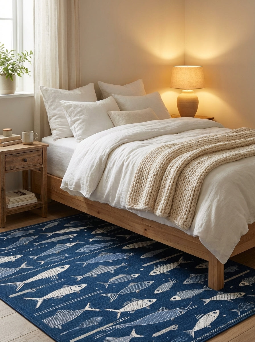 Navy Blue Playful Fish Pattern Rug - Washable Flatwoven Chenille