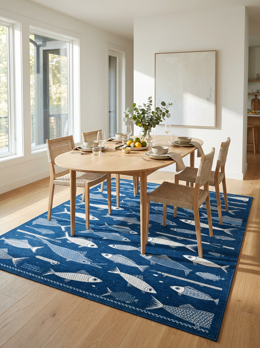 Navy Blue Playful Fish Pattern Rug - Washable Flatwoven Chenille