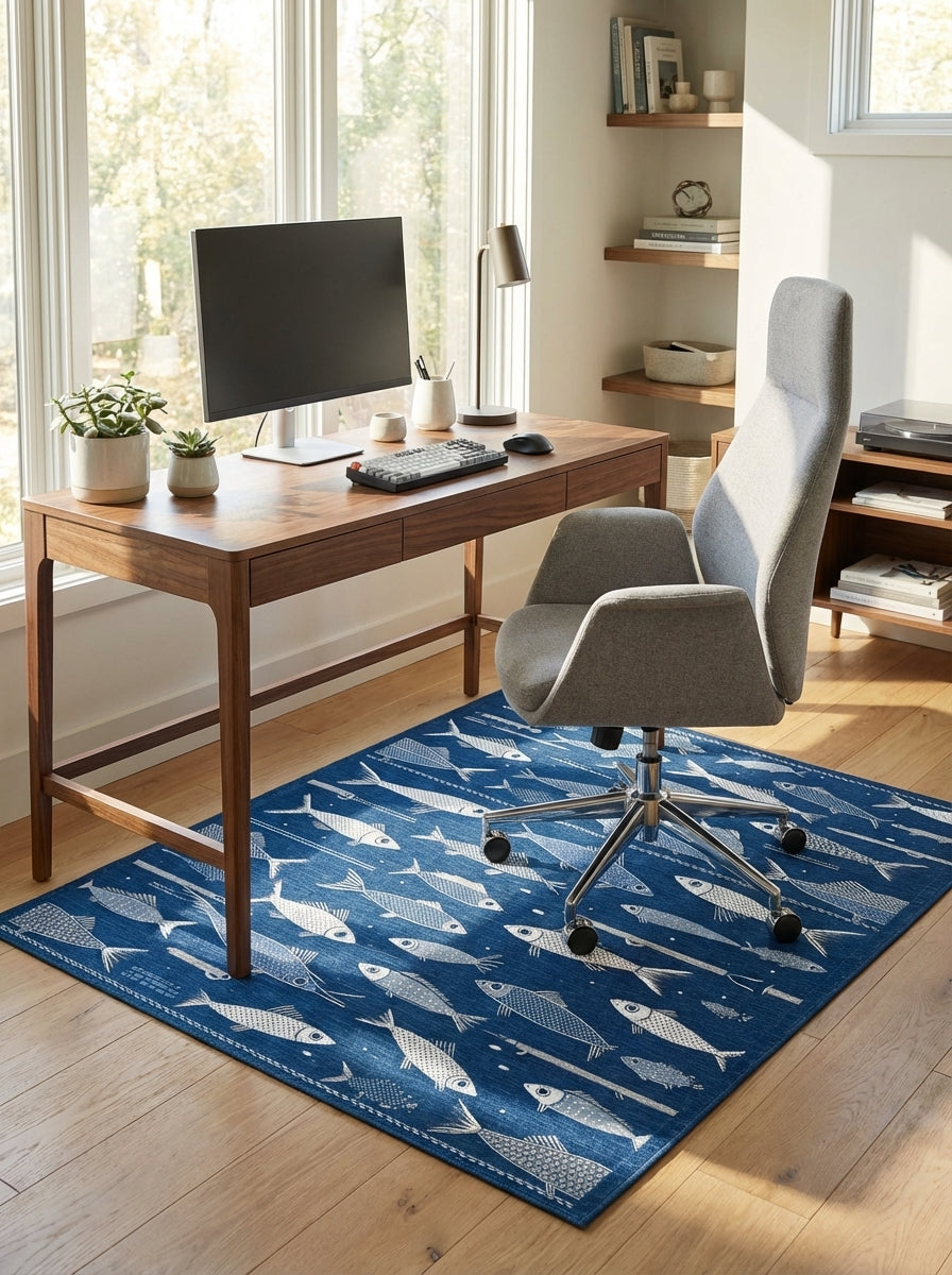 Navy Blue Playful Fish Pattern Rug - Washable Flatwoven Chenille