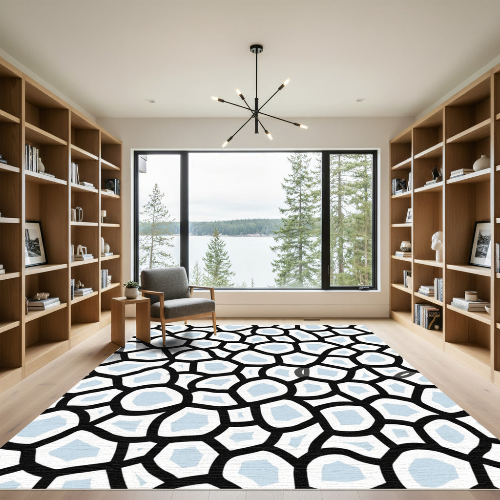 Abstract Black White Light Blue Cells Rug