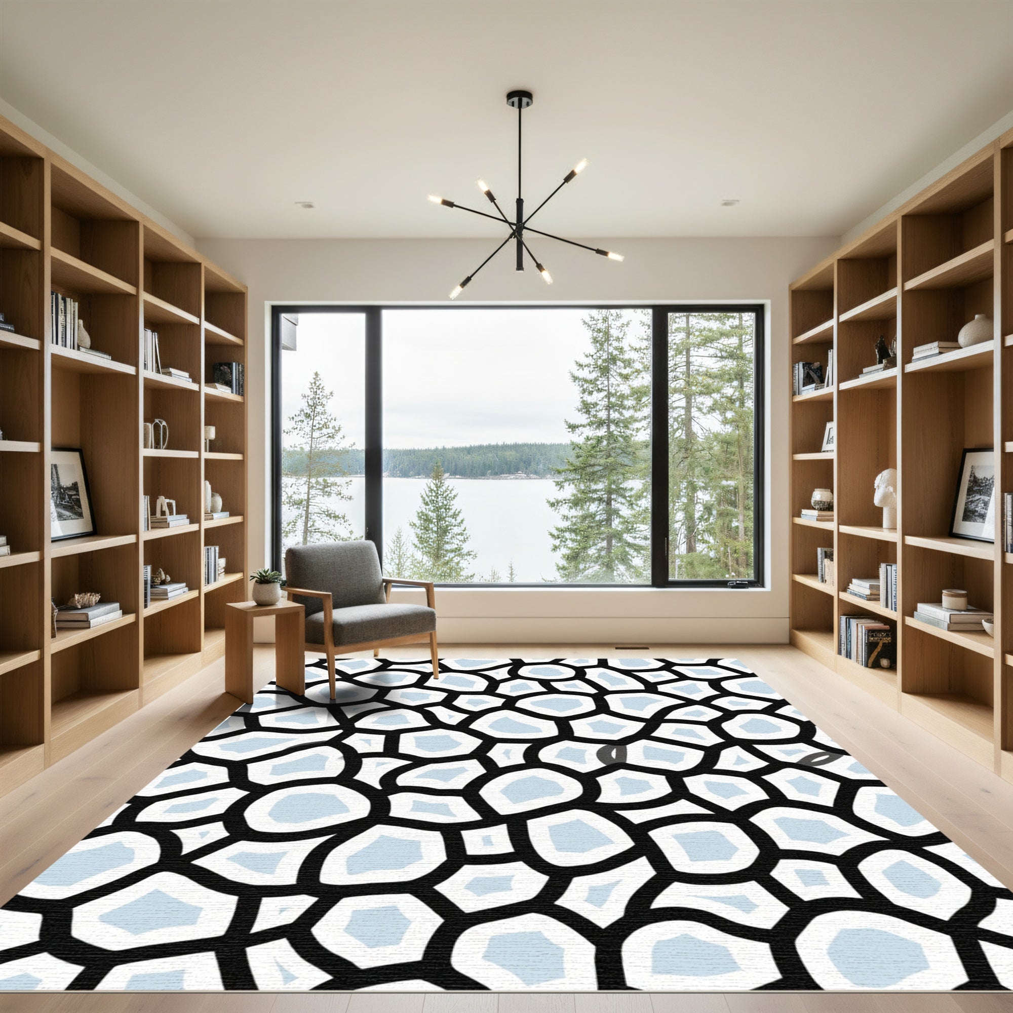 Abstract Black White Light Blue Cells Rug