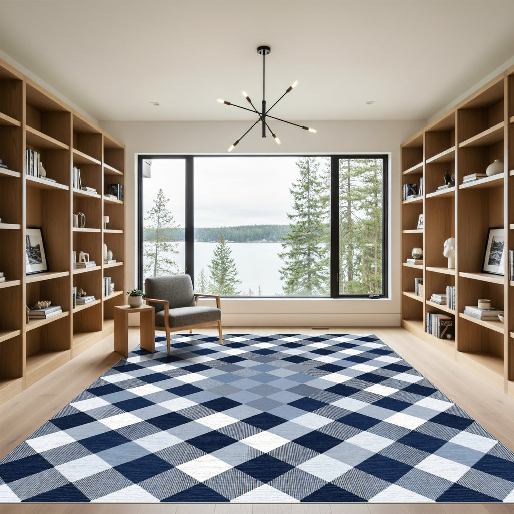 Navy Blue White Gingham Diamond Rug