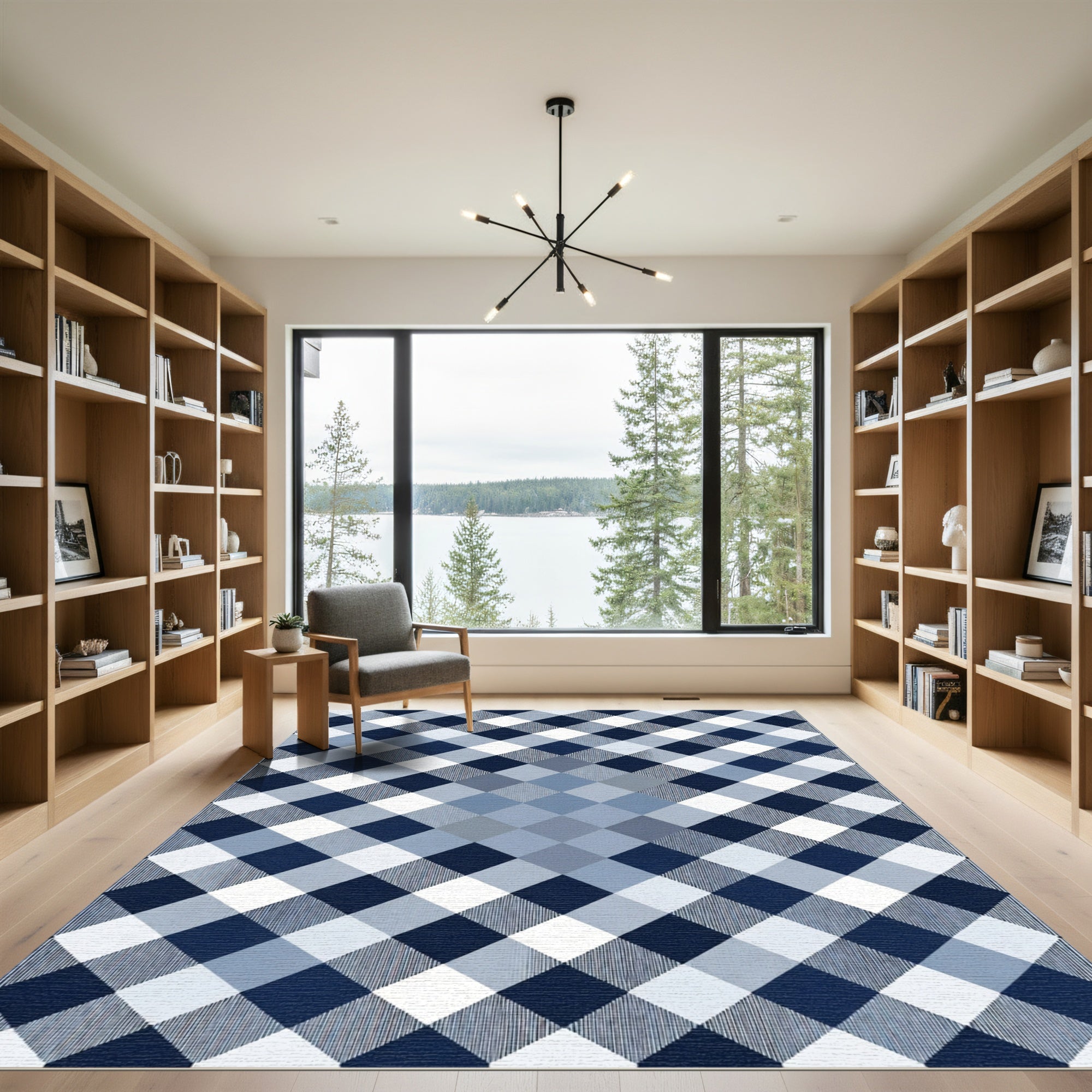 Navy Blue White Gingham Diamond Rug