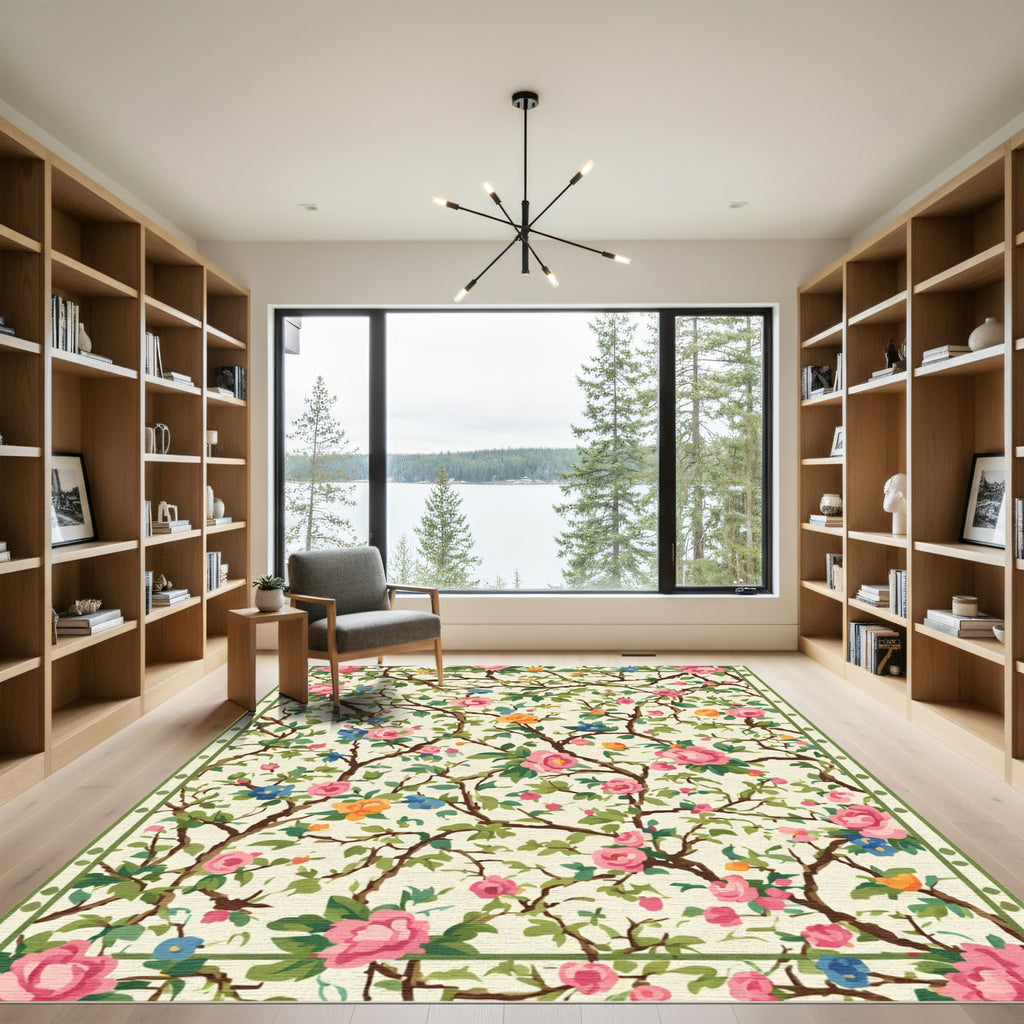 Pink Floral Garden Vine Border Rug