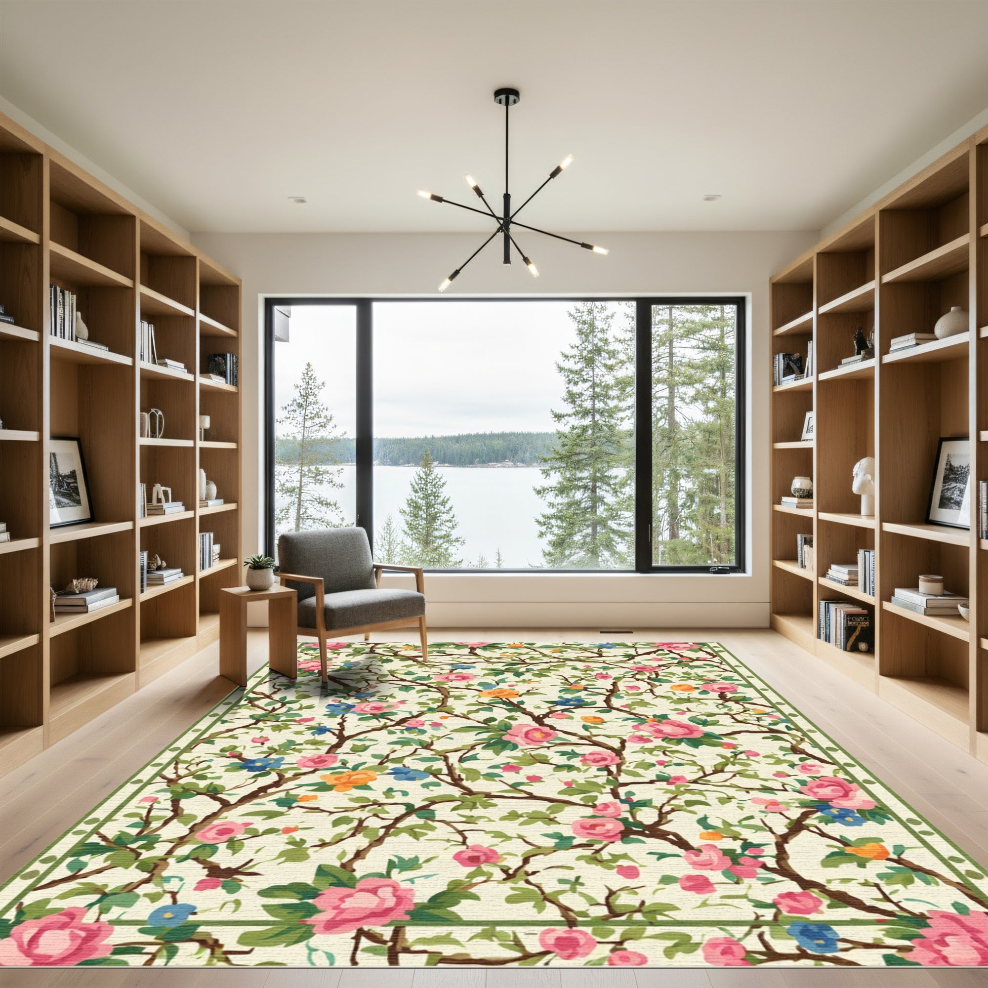 Pink Floral Garden Vine Border Rug