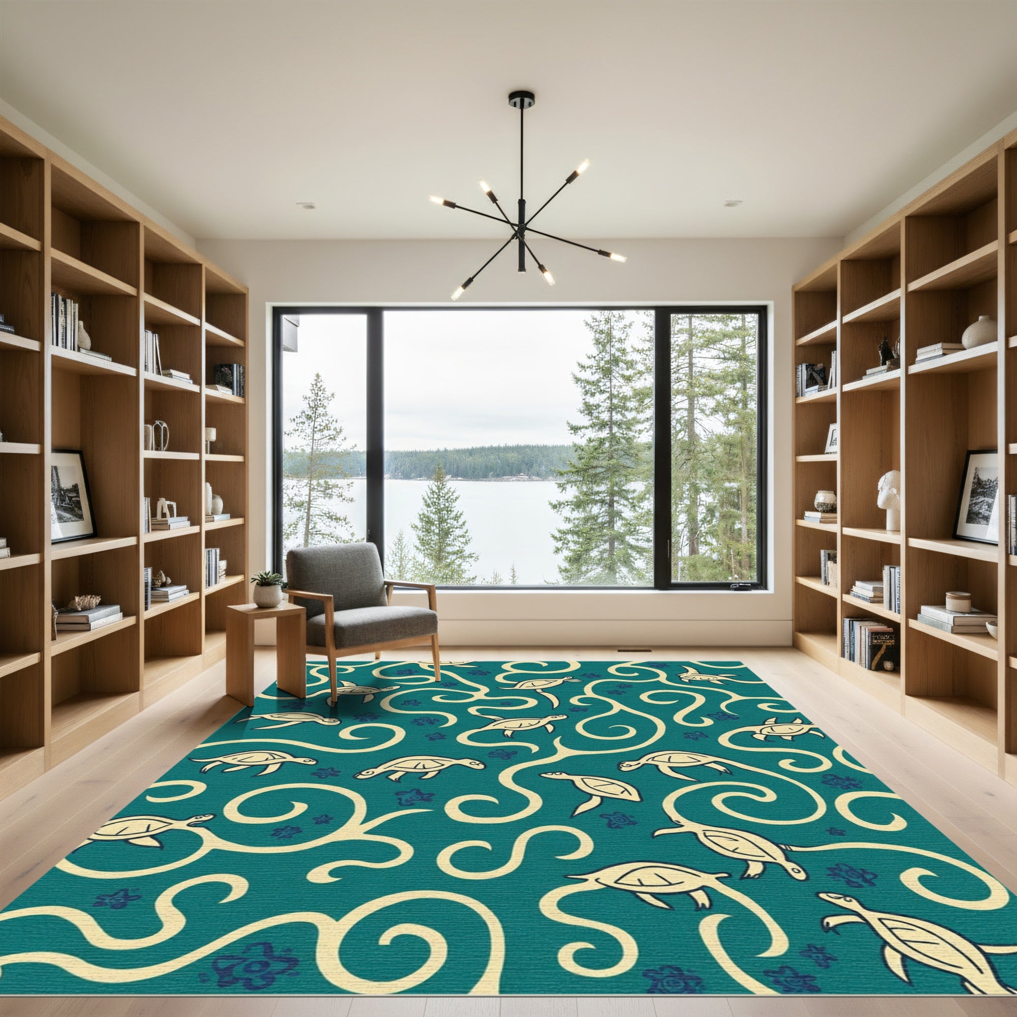 Coastal Teal Turtle Swirl Arrangement Rug