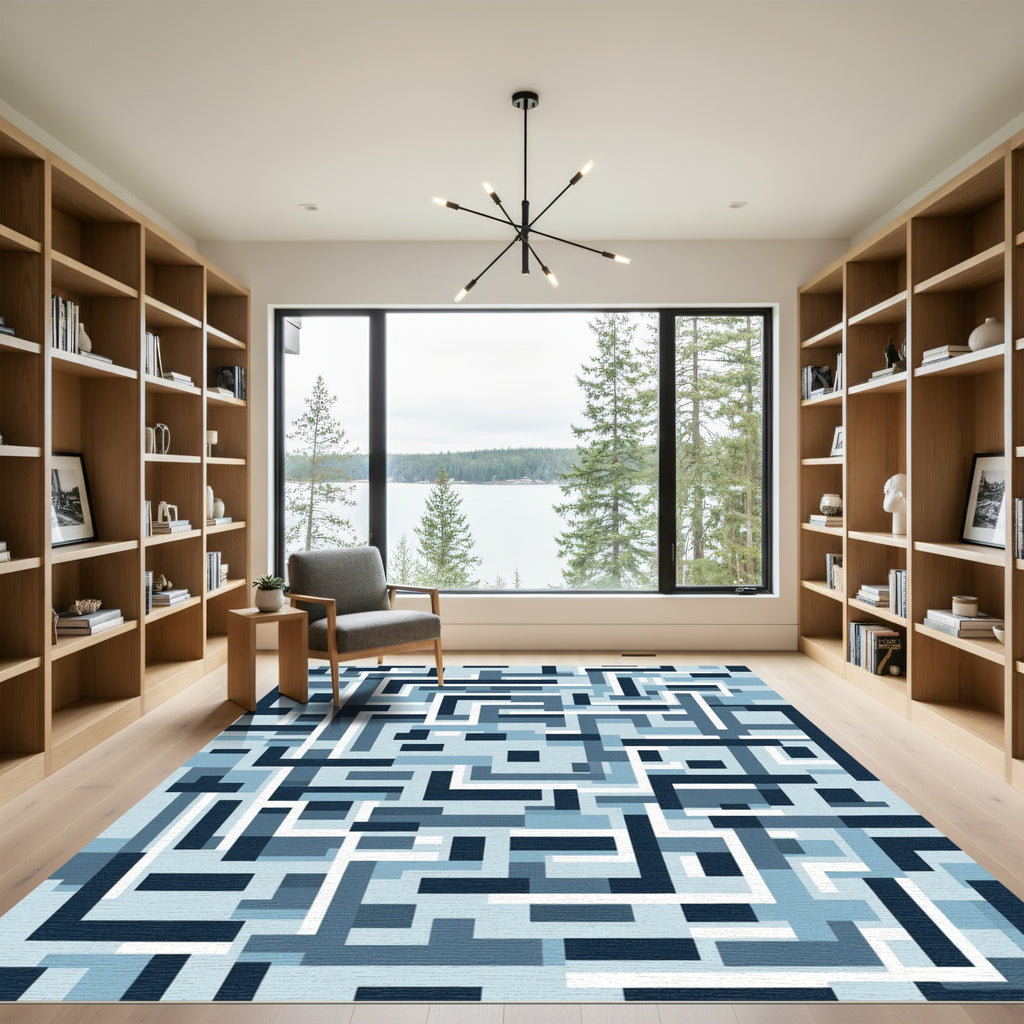Cool Blue Geometric Maze Rug