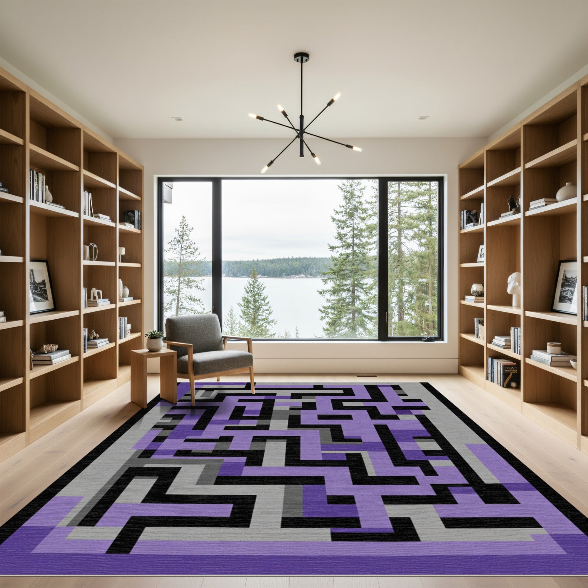 Modern Purple Gray Maze Geometric Rug