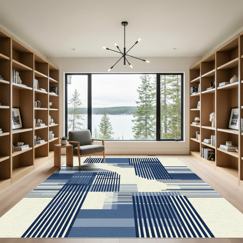 Deep Blue Geometric Grid Overlay Rug