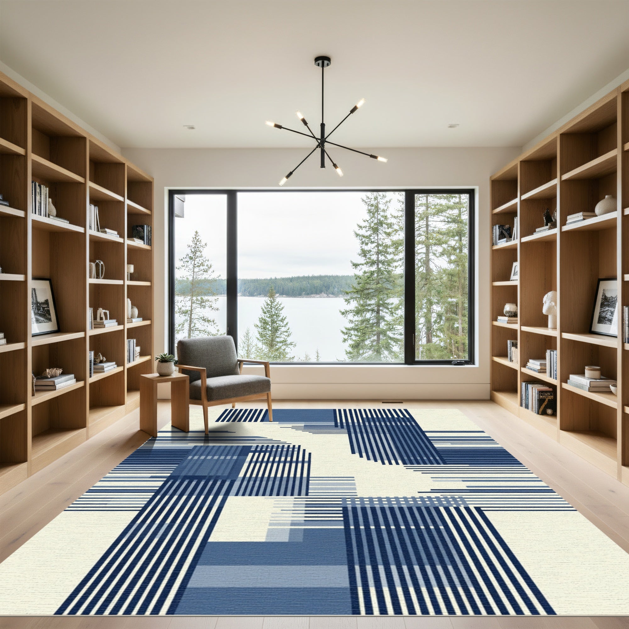 Deep Blue Geometric Grid Overlay Rug