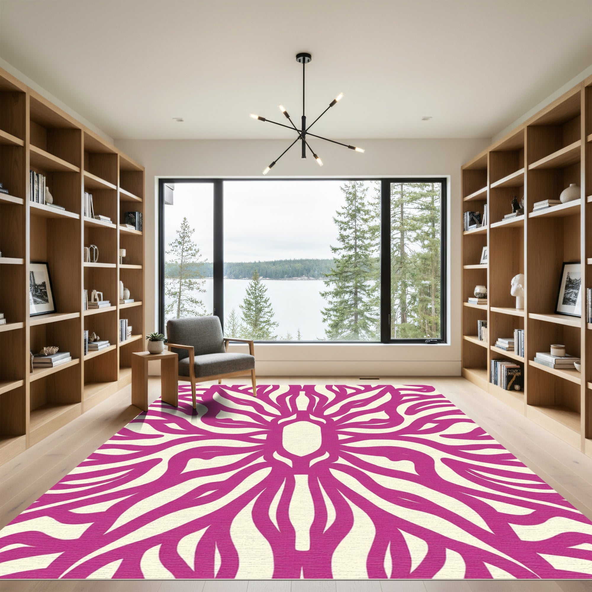 Fuchsia And Cream Swirling Lines Art Rug