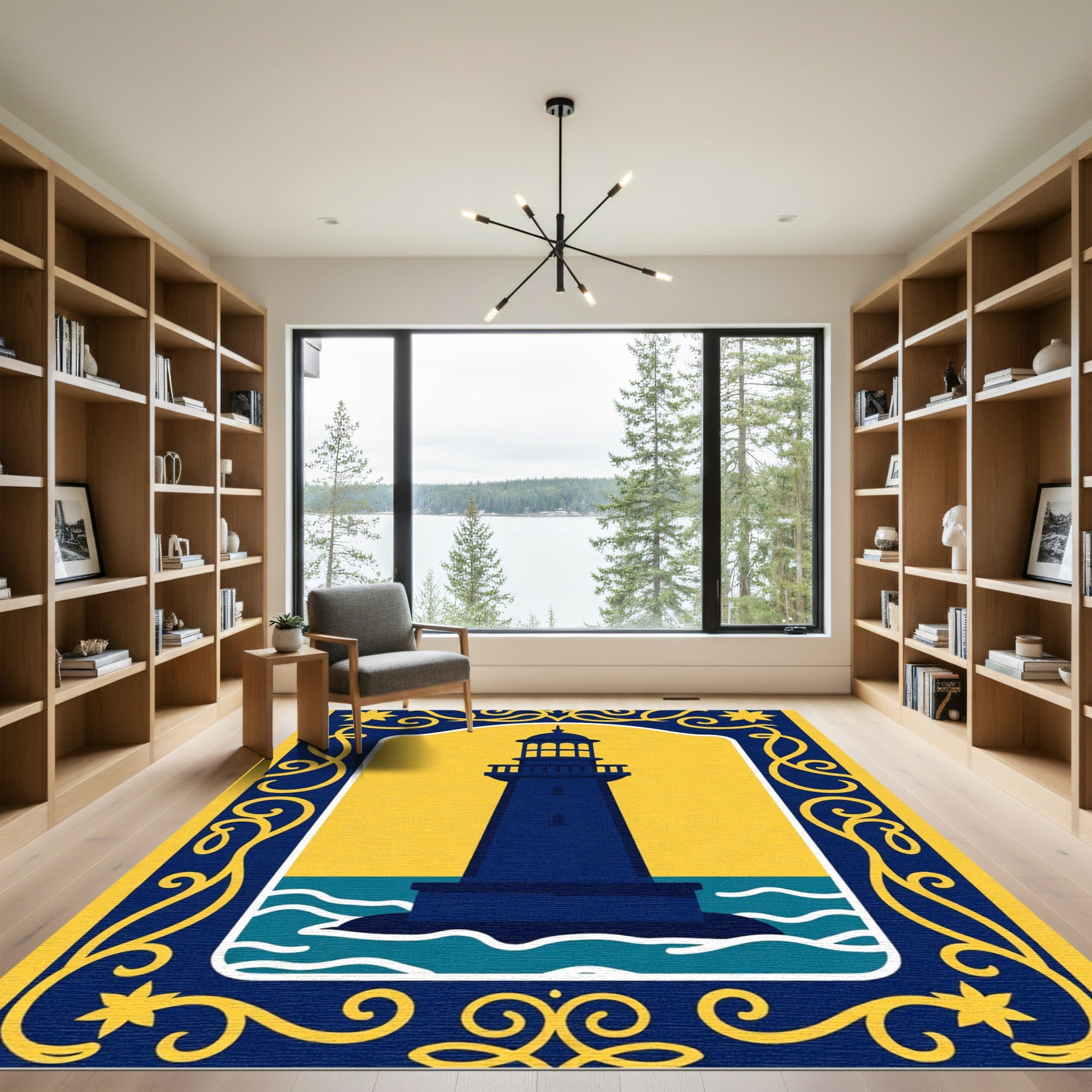 Navy Lighthouse Yellow Swirls Border Rug