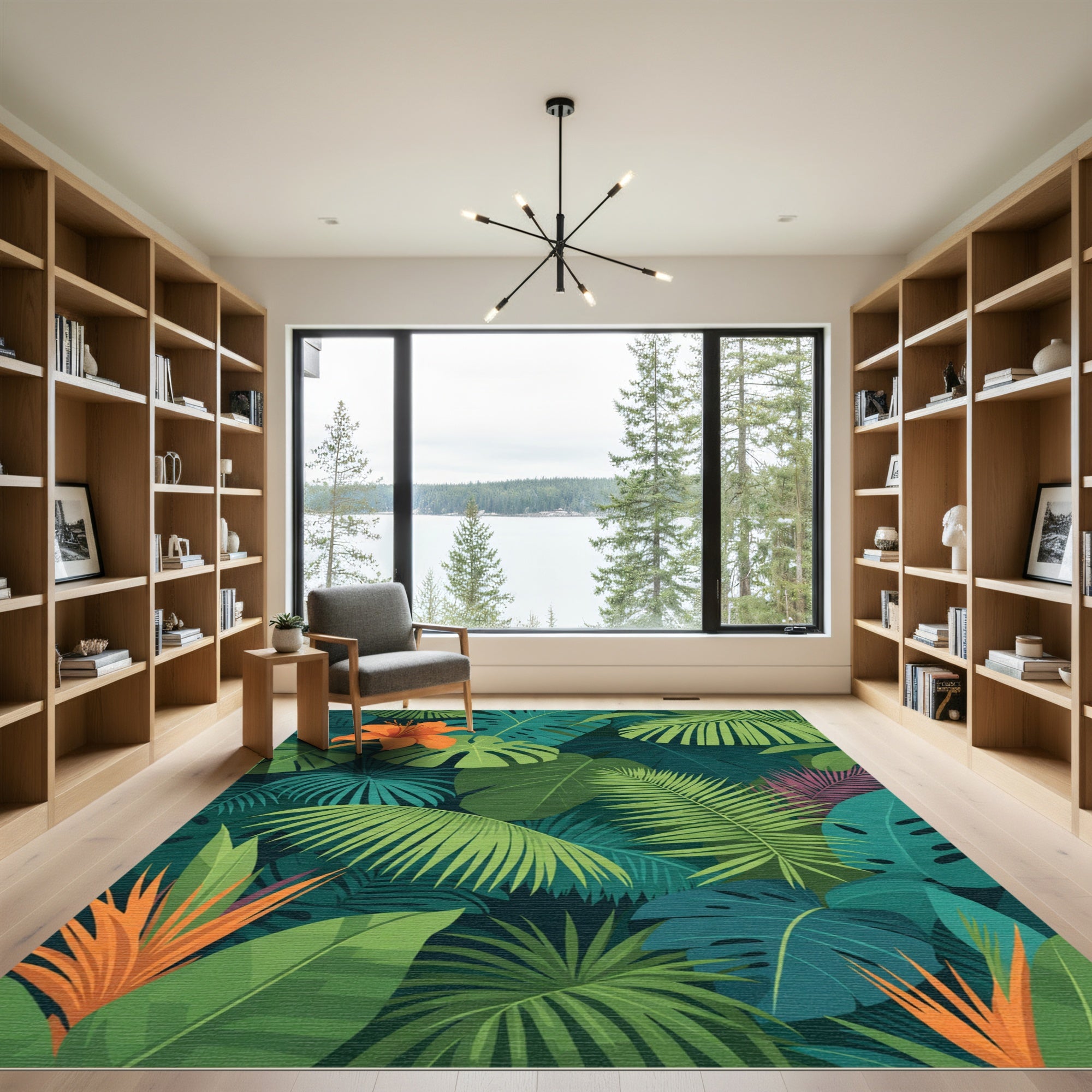 Tropical Jungle Green Orange Floral Foliage Rug