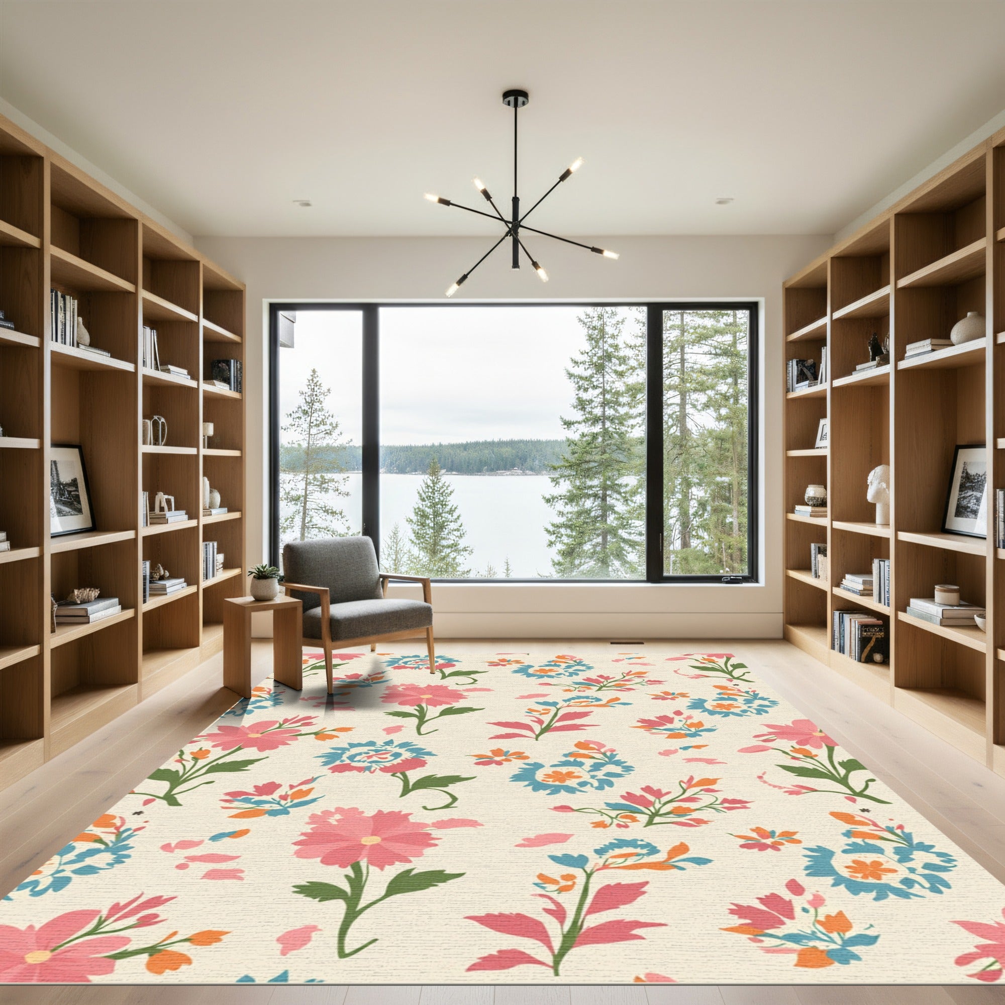Coral Pink Blue Floral Garden Rug