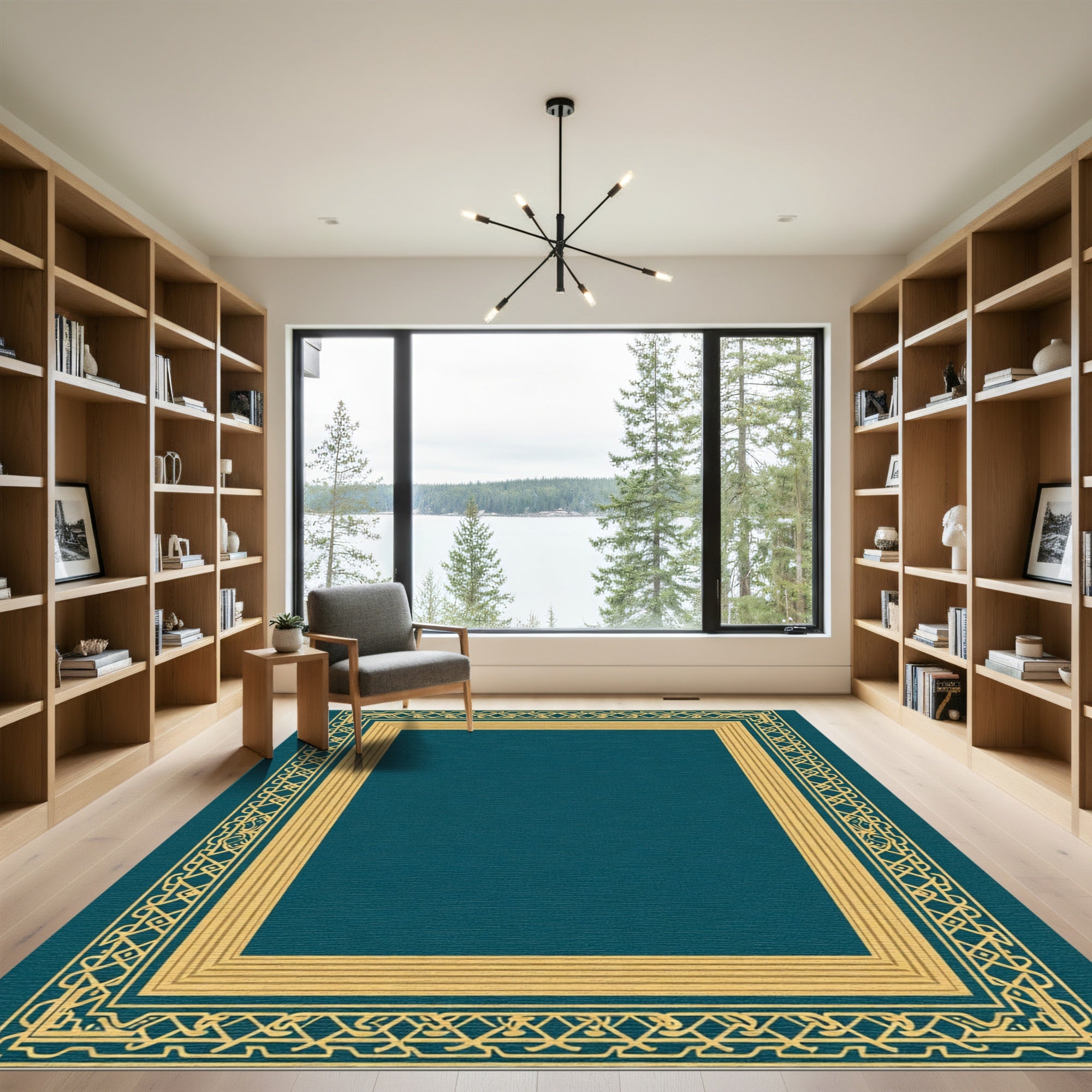 Golden Teal Interlocking Border Rug