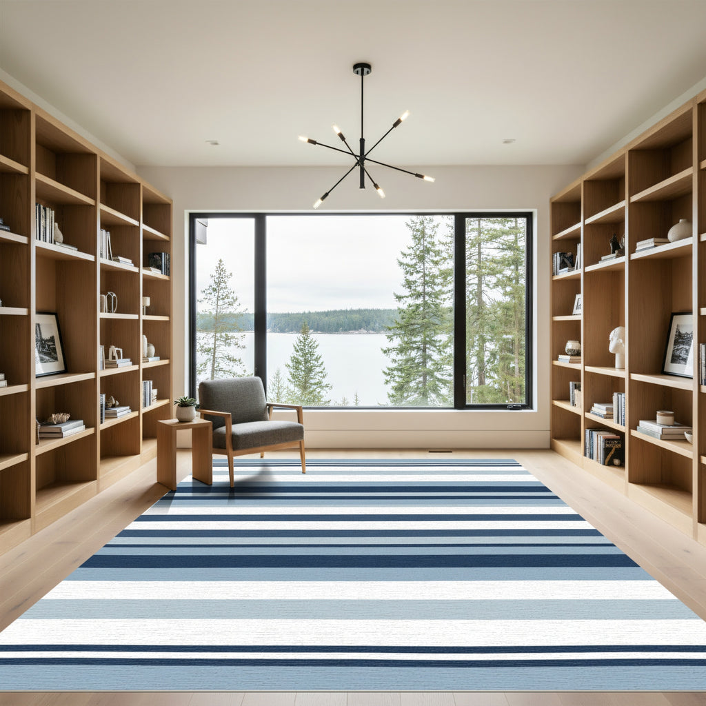 Deep Blue White Horizontal Stripe Rug