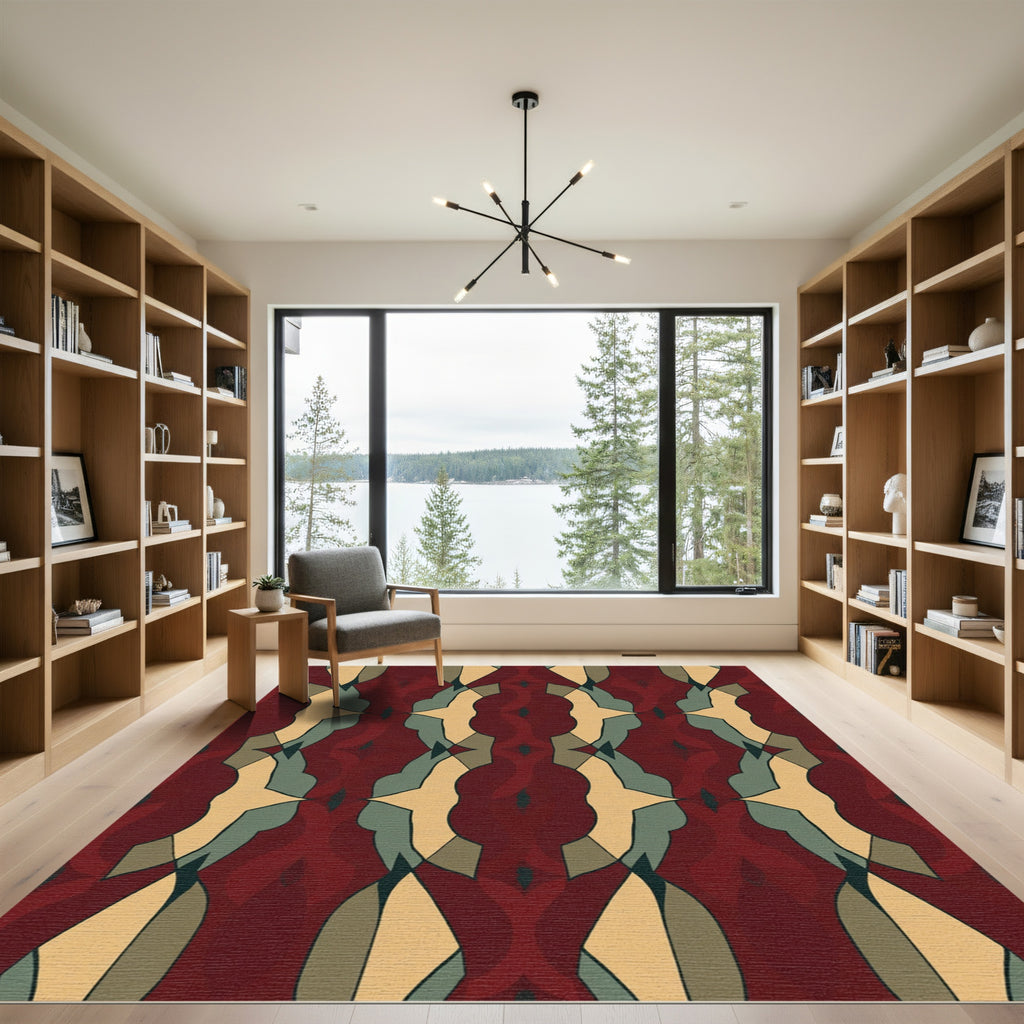 Crimson Ochre Teal Interlocking Forms Rug