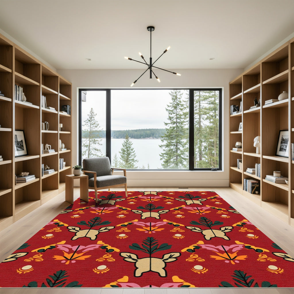 Crimson Deer And Leaf Medallion Rug