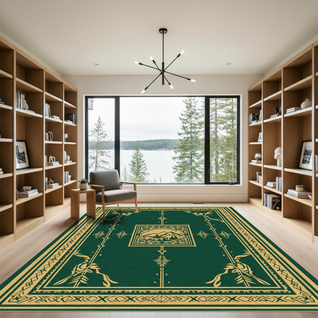 Forest Gold Mountain Scene Frame Rug