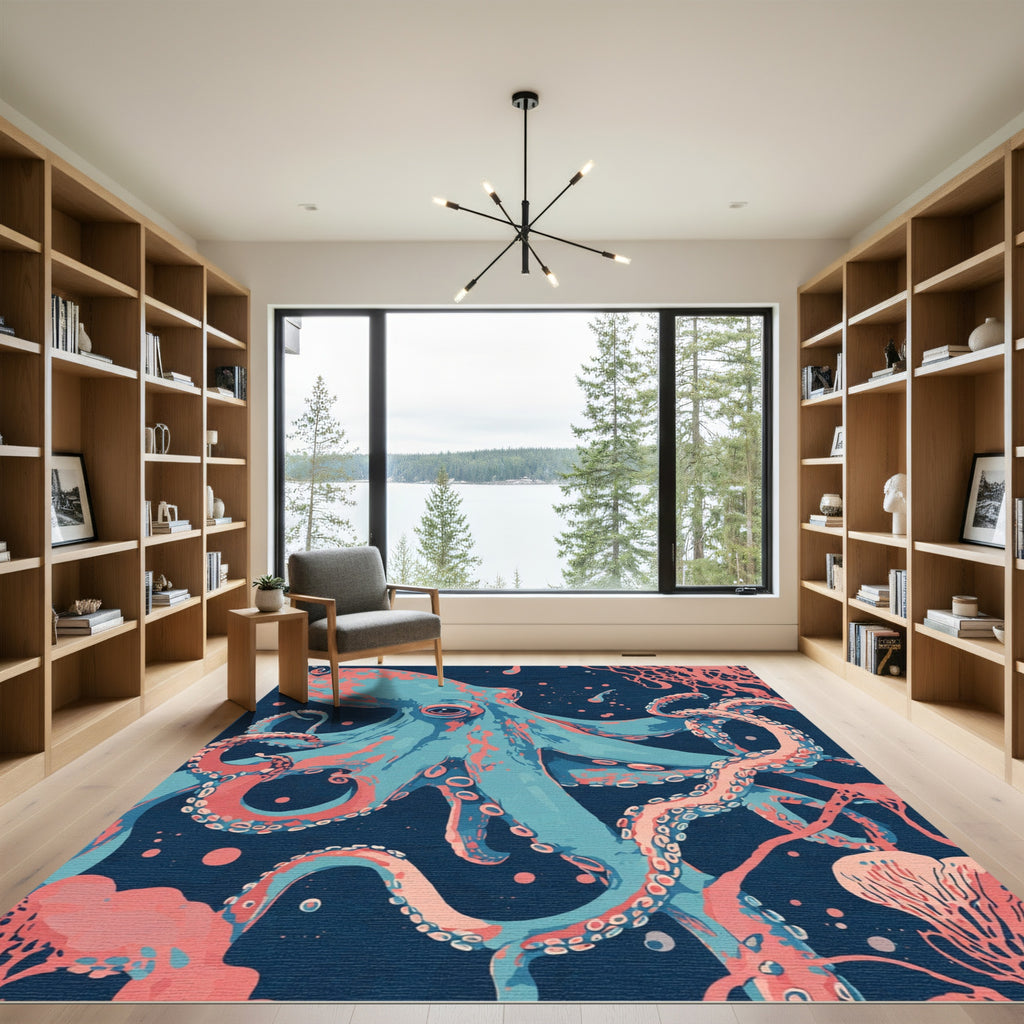 Vibrant Teal Coral Octopus Swirl Rug