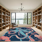 Vibrant Teal Coral Octopus Swirl Rug