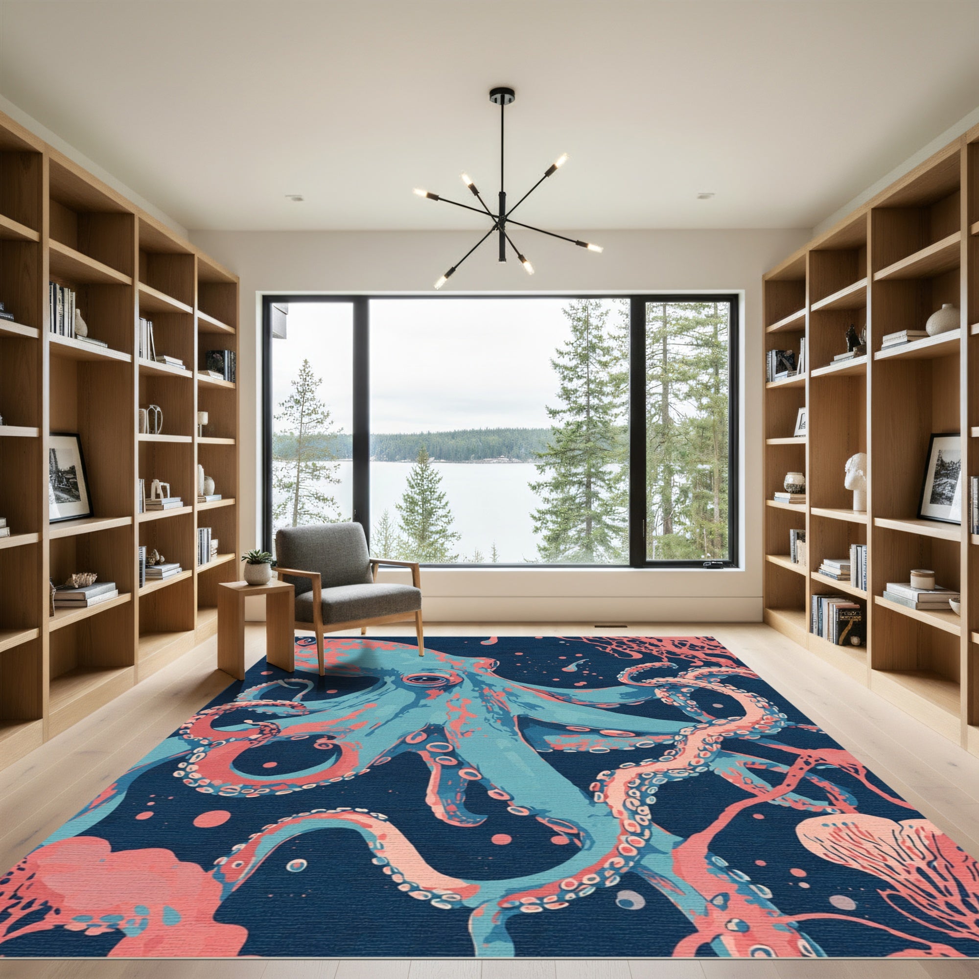 Vibrant Teal Coral Octopus Swirl Rug