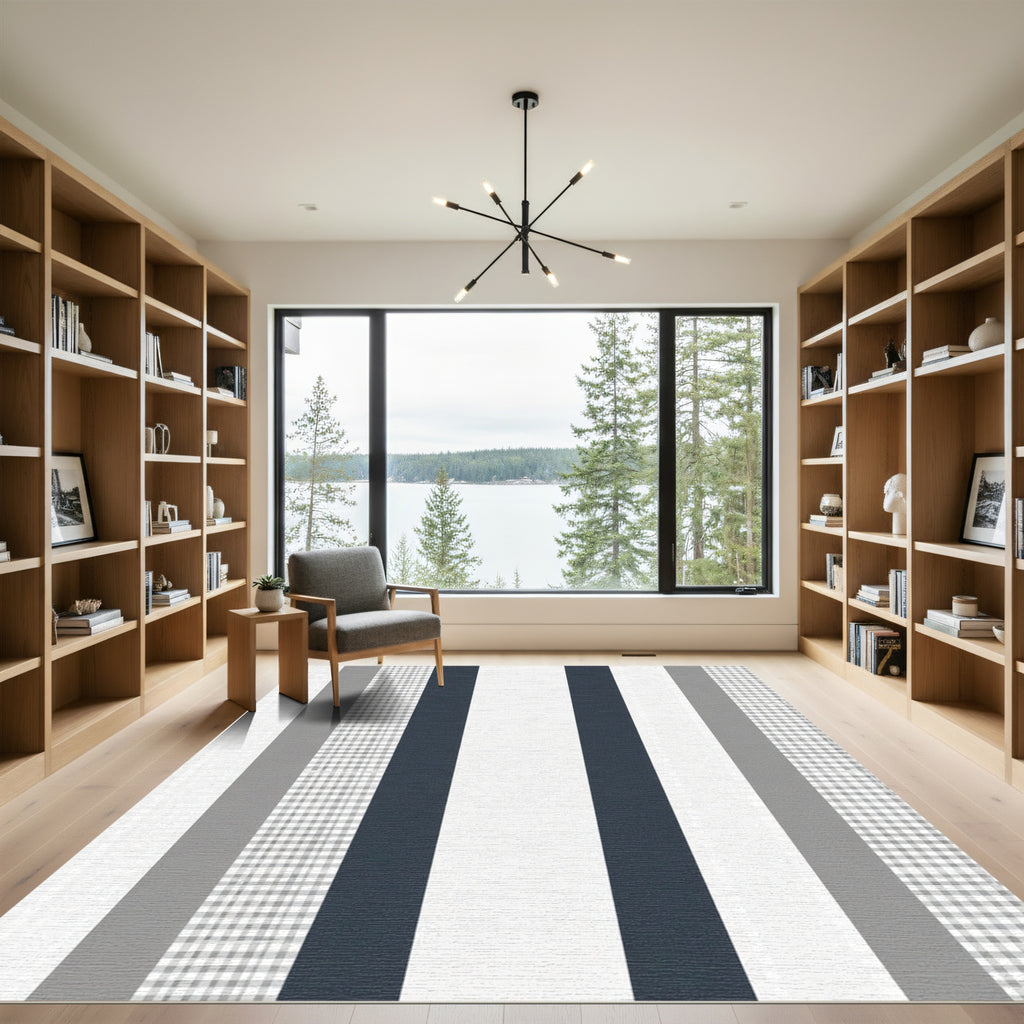 Modern Navy White Gray Stripe Gingham Rug