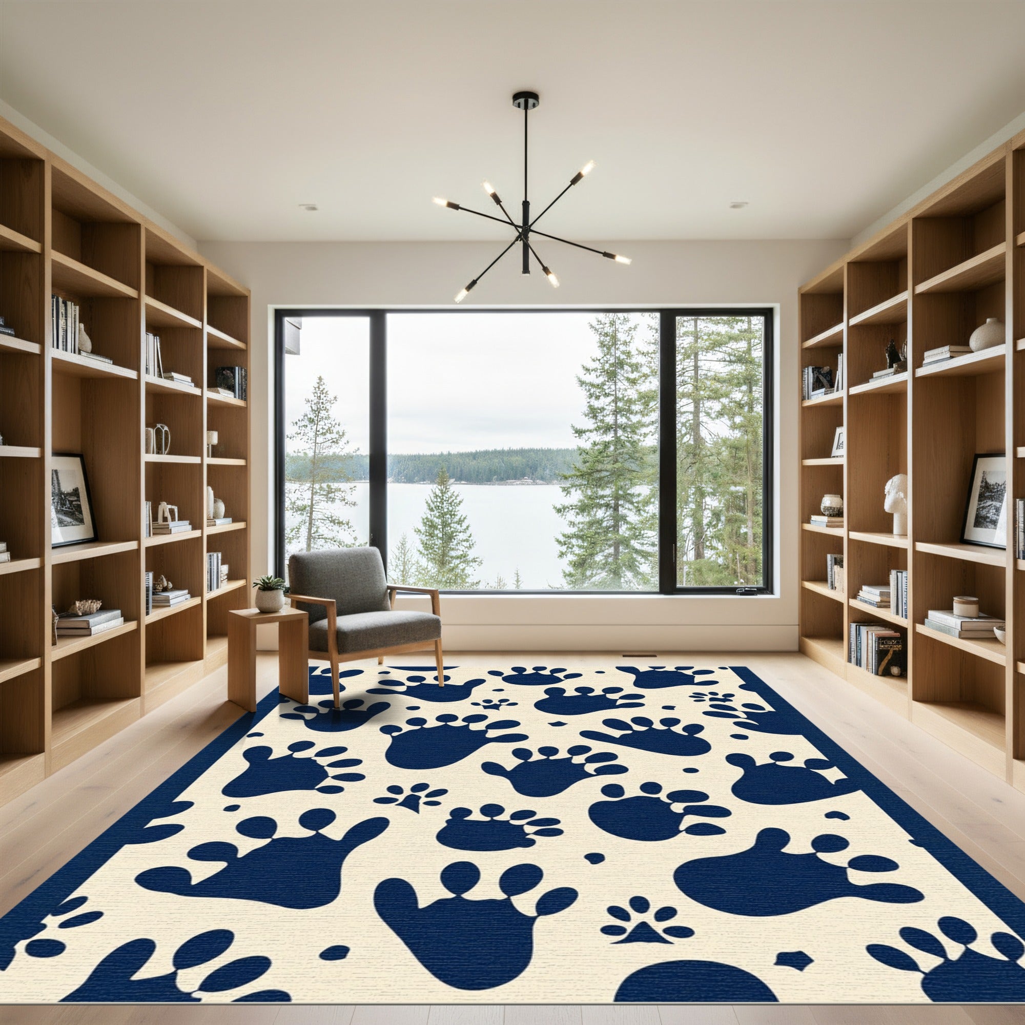 Navy Blue Paw Print Pattern Rug
