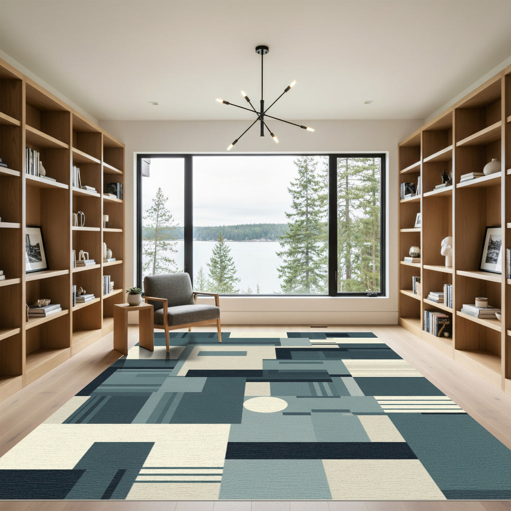 Abstract Teal Geometric Block Arrangement Rug
