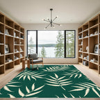 Cream Fern Leaves Green Background Rug