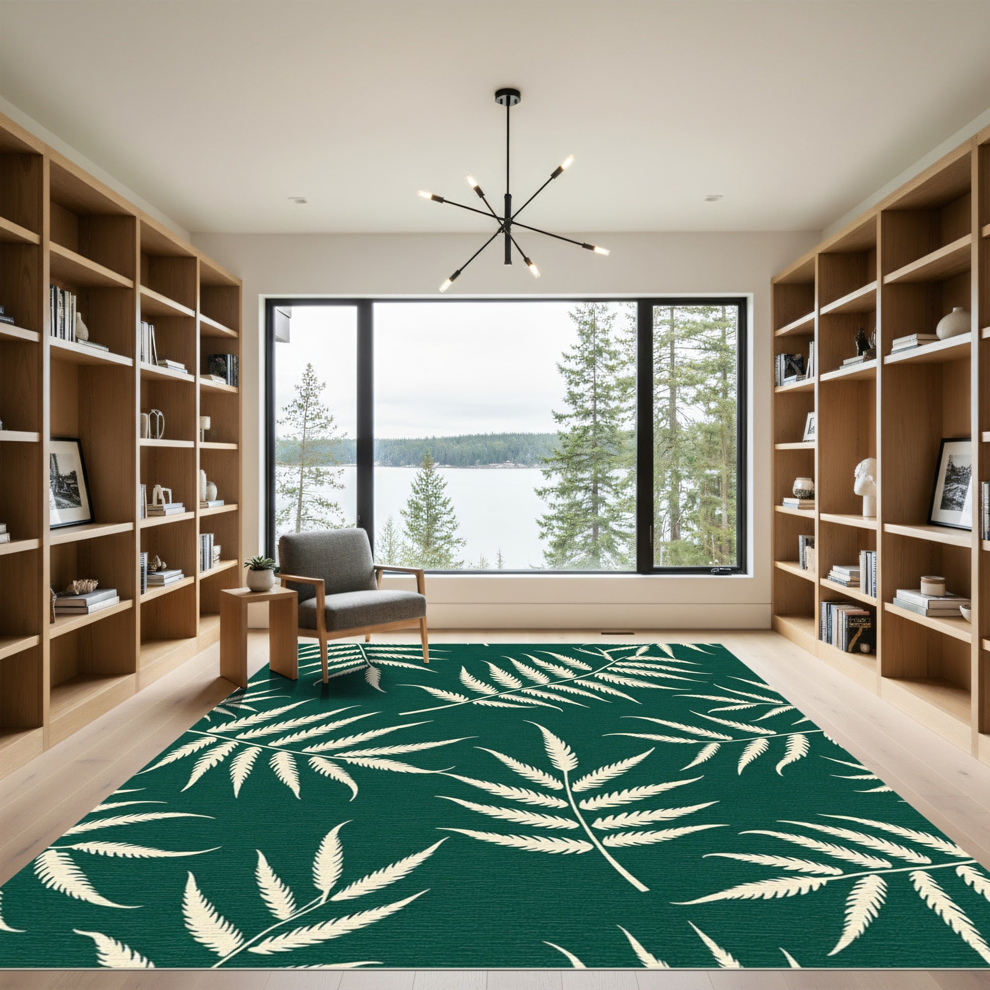 Cream Fern Leaves Green Background Rug
