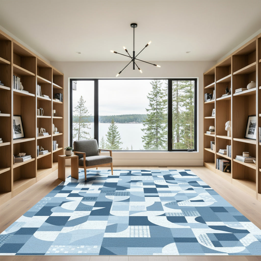 Geometric Blue Abstract Wave Rug