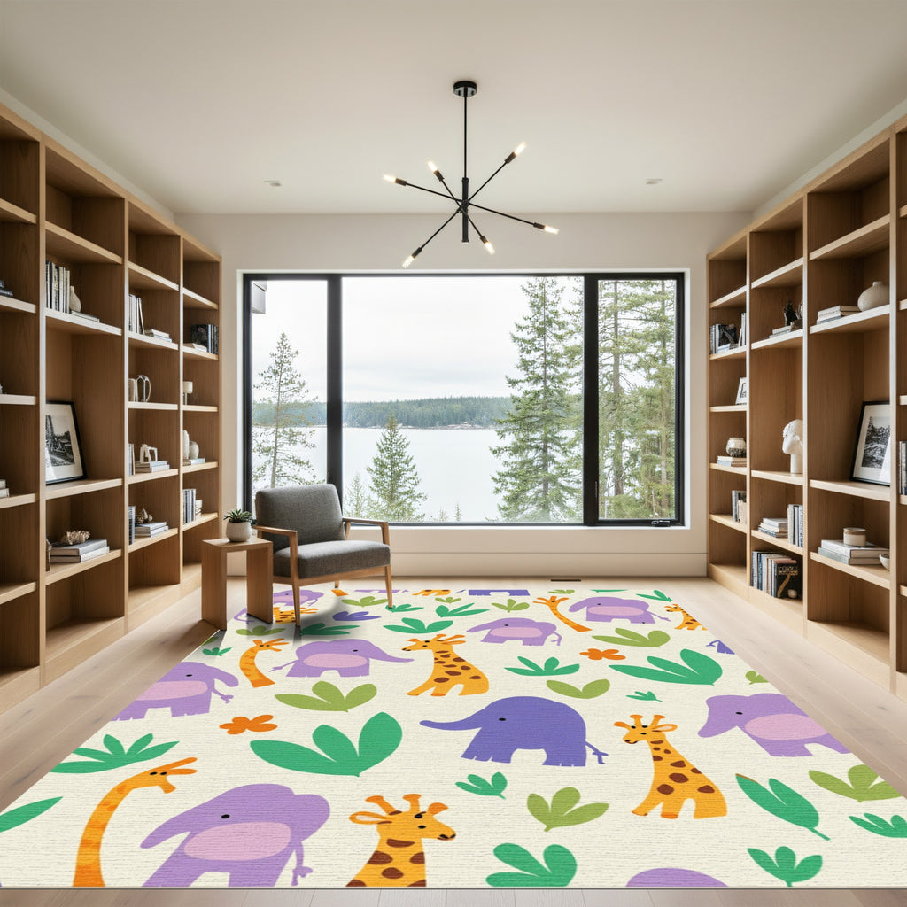 Playful Purple Elephants Giraffes Jungle Blooms Rug