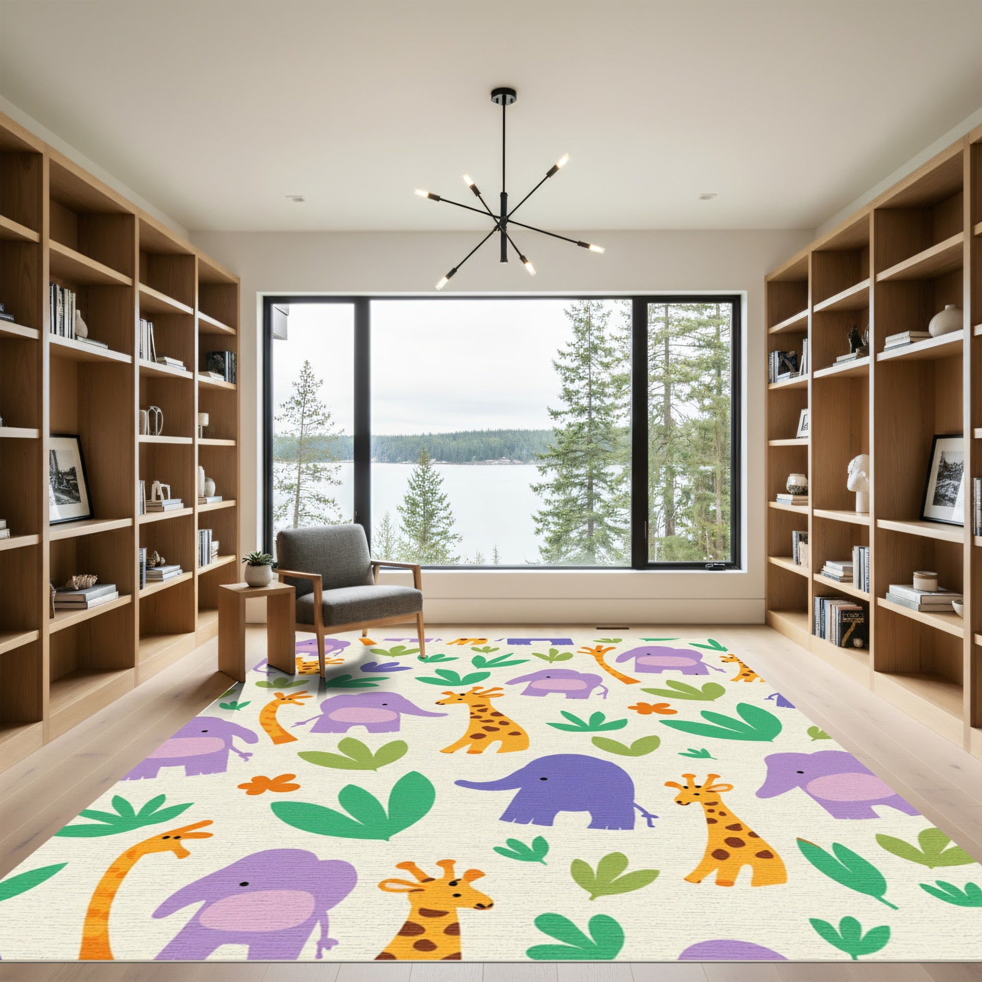 Playful Purple Elephants Giraffes Jungle Blooms Rug