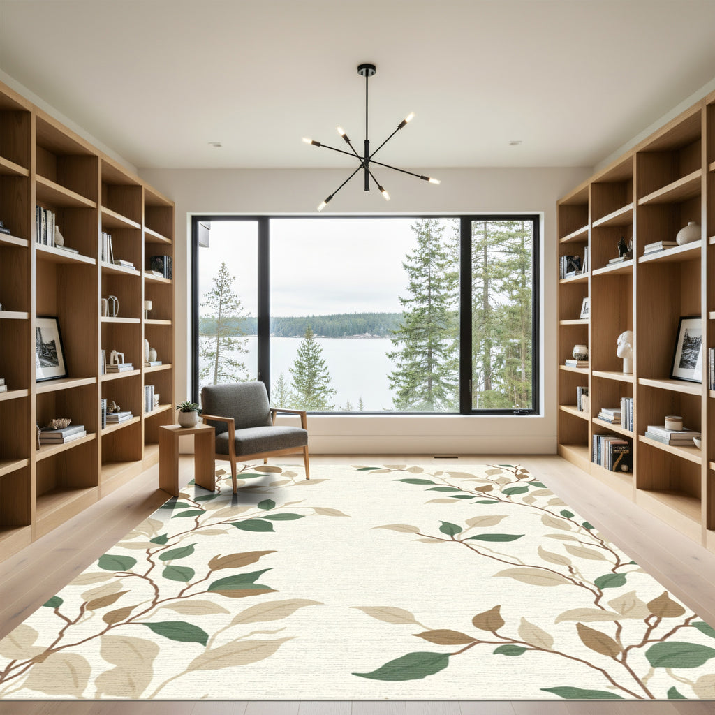 Earthy Green Beige Leafy Vine Rug