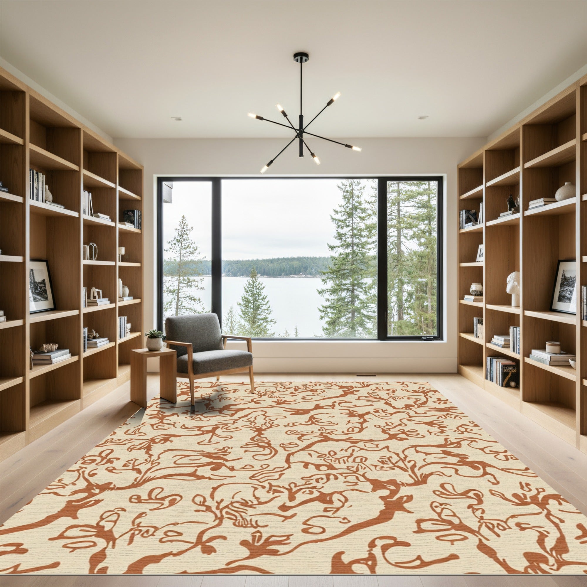 Brown Abstract Vine Garden Scene Rug
