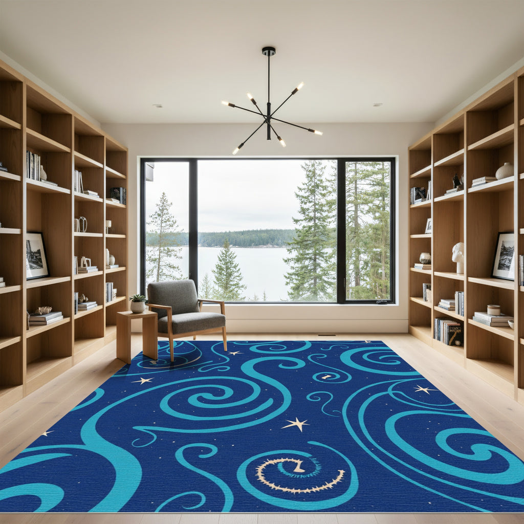 Deep Blue Swirling Starry Night Rug