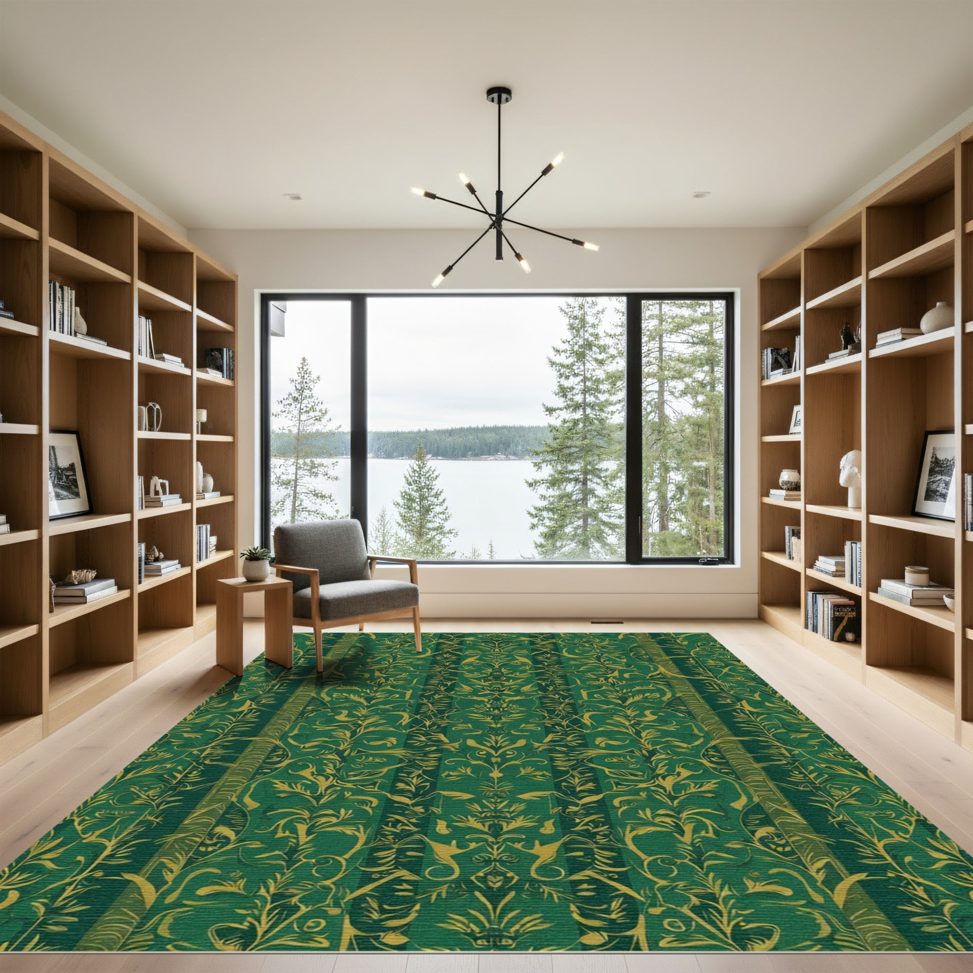Deep Emerald Gold Luminous Foliage Rug