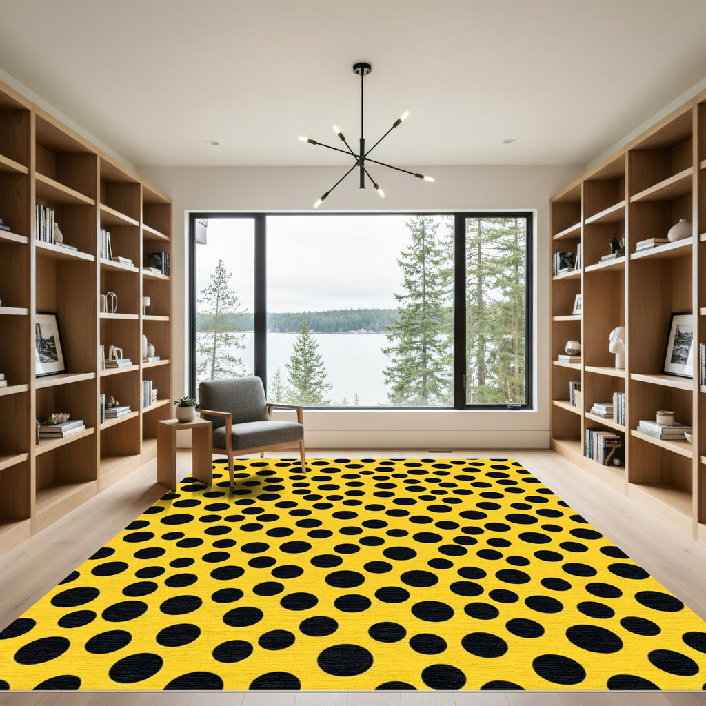 Bright Yellow Black Scattered Circles Rug