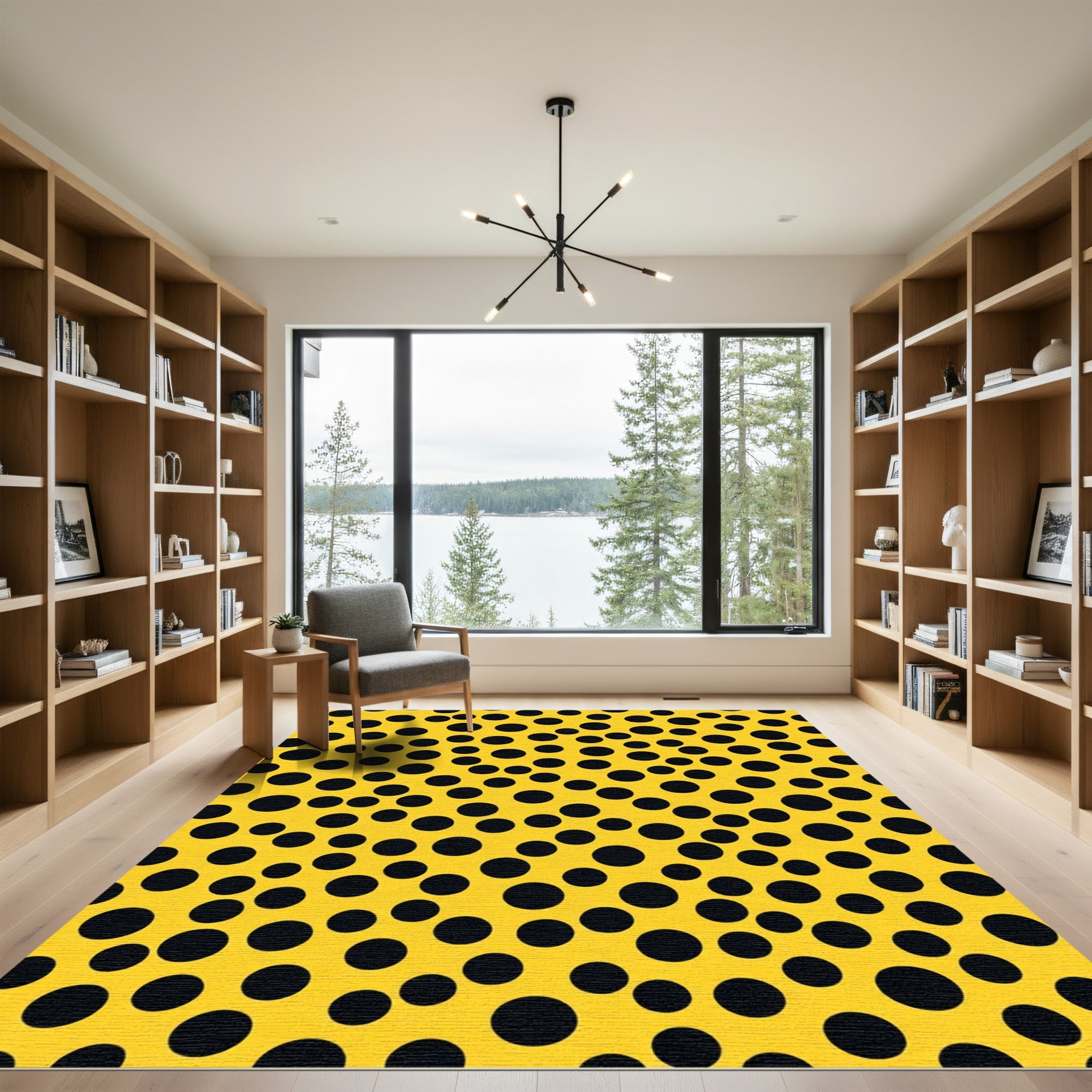 Bright Yellow Black Scattered Circles Rug