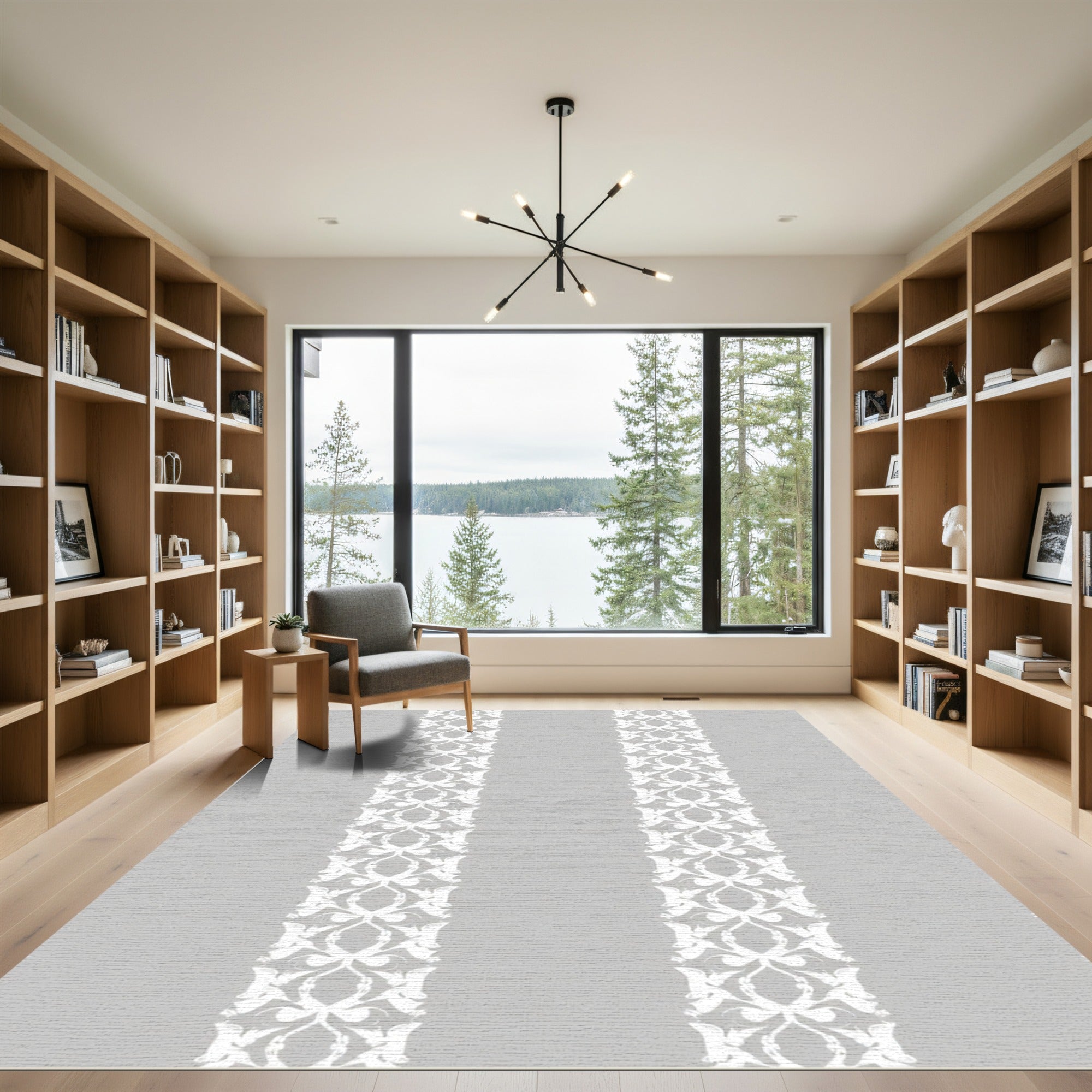 White Scrollwork on Gray Background Rug
