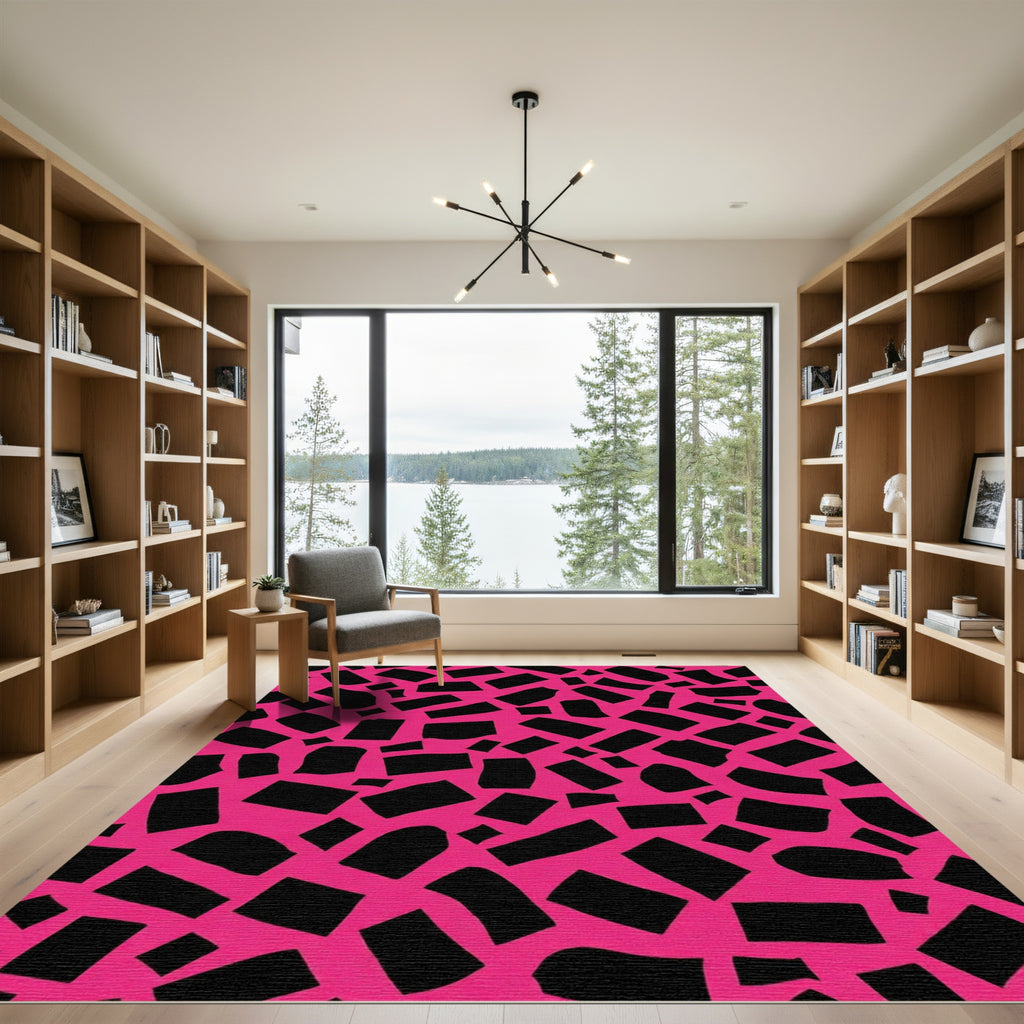 Hot Pink Black Jagged Rectangles Rug