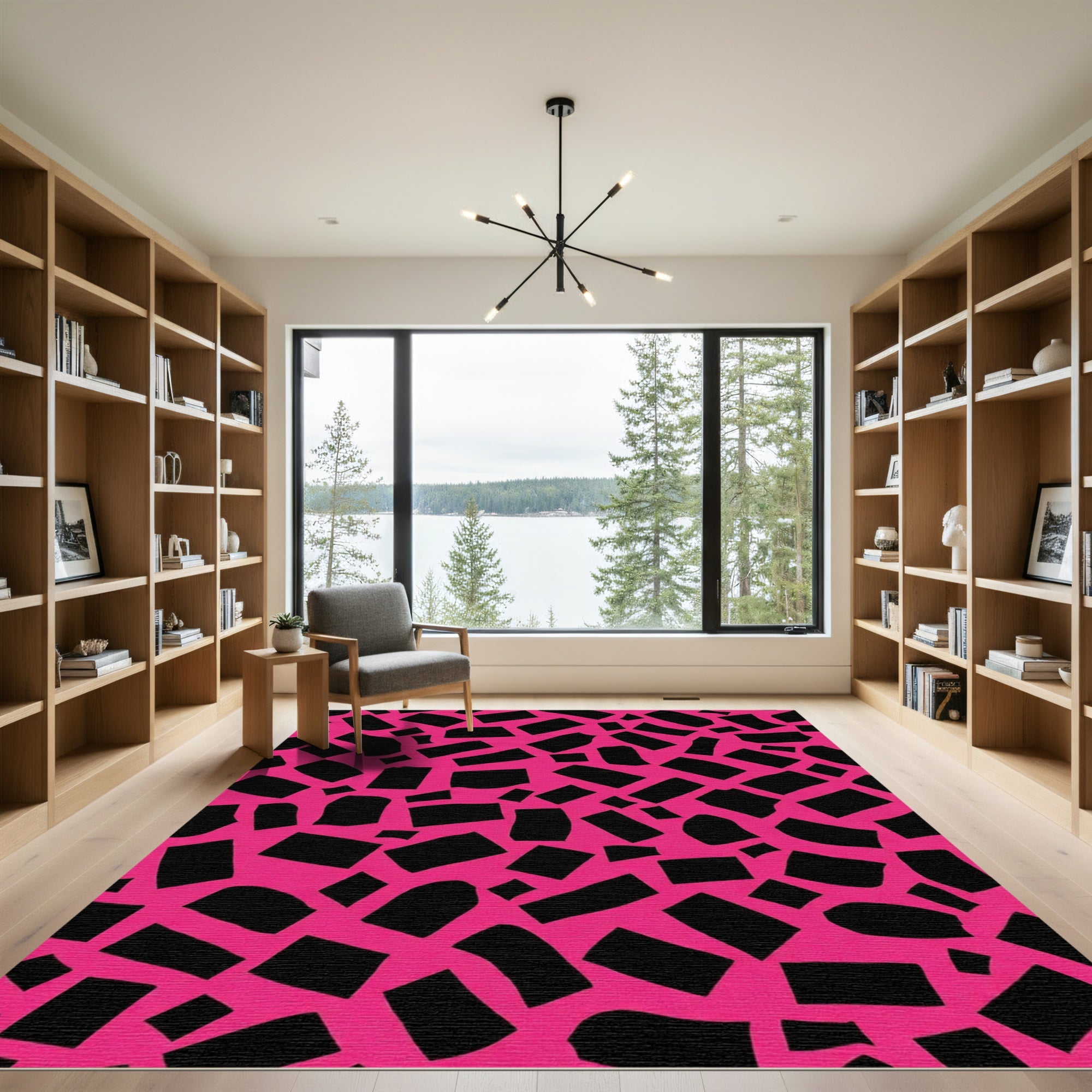 Hot Pink Black Jagged Rectangles Rug