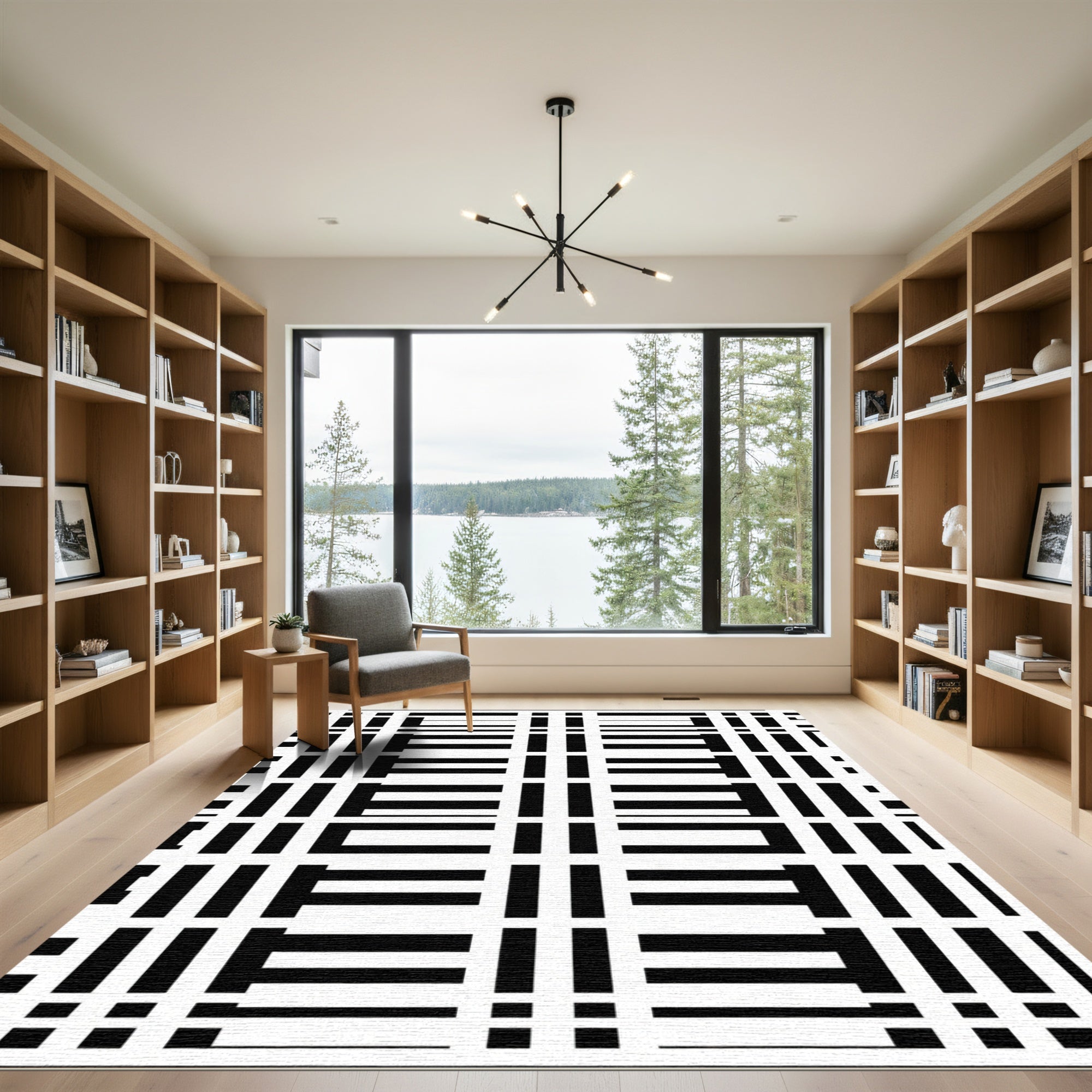 Bold Black White Geometric Grid Rug