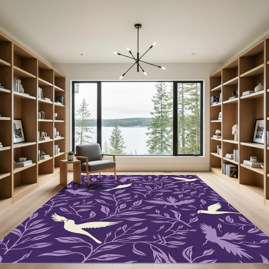 Purple Bird and Leaf Vine Arrangement Rug