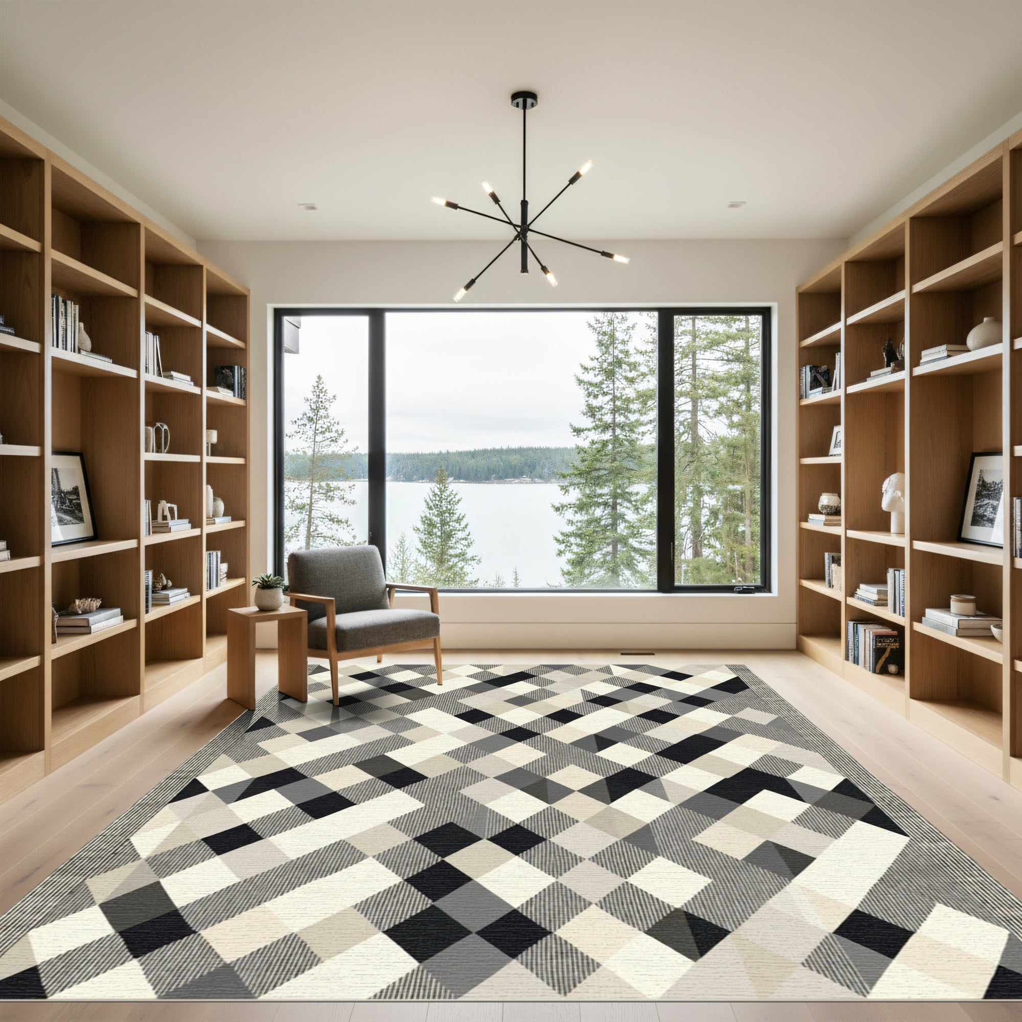 Monochromatic Plaid Geometric Diamond Rug