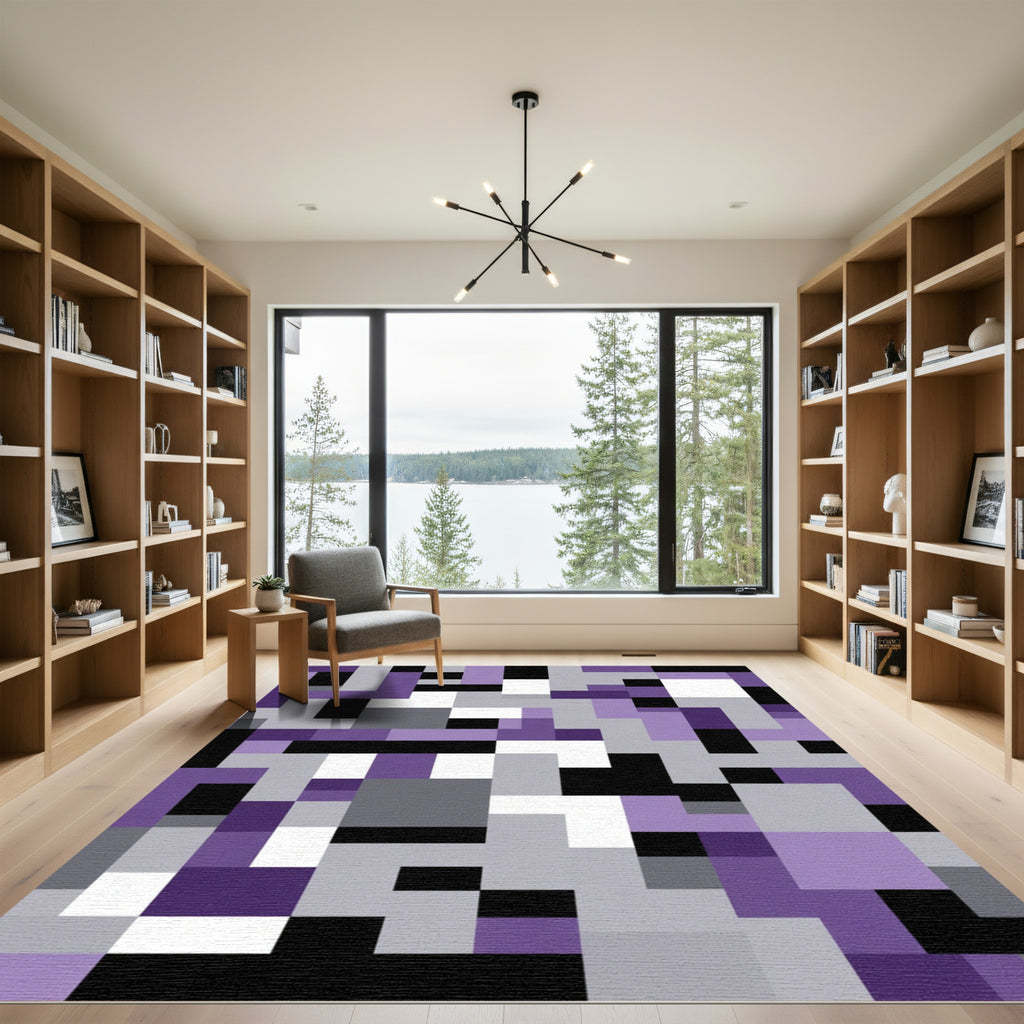 Modern Purple Geometric Block Rug