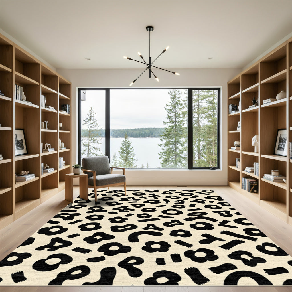 Black Floral Leopard Print Rug