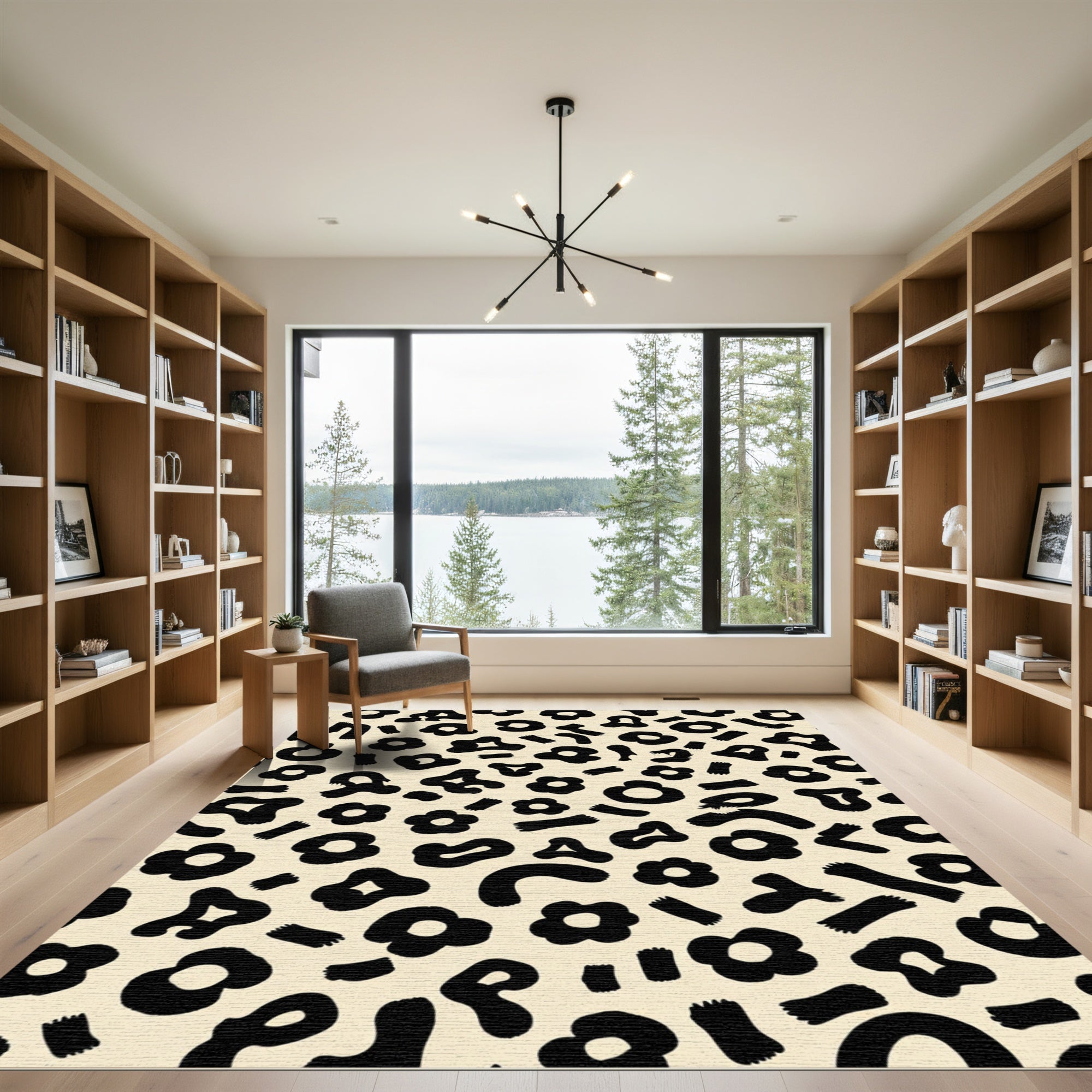 Black Floral Leopard Print Rug