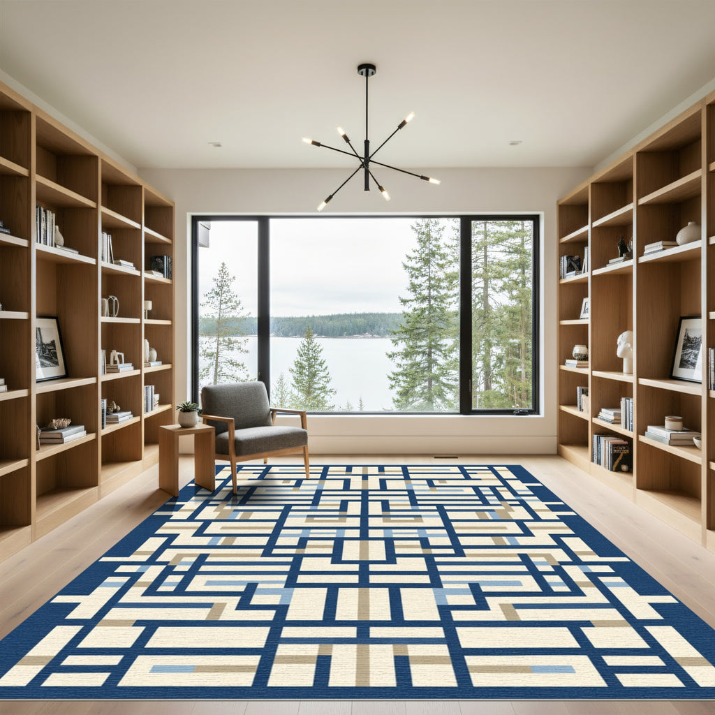 Navy Blue Geometric Lattice Rug